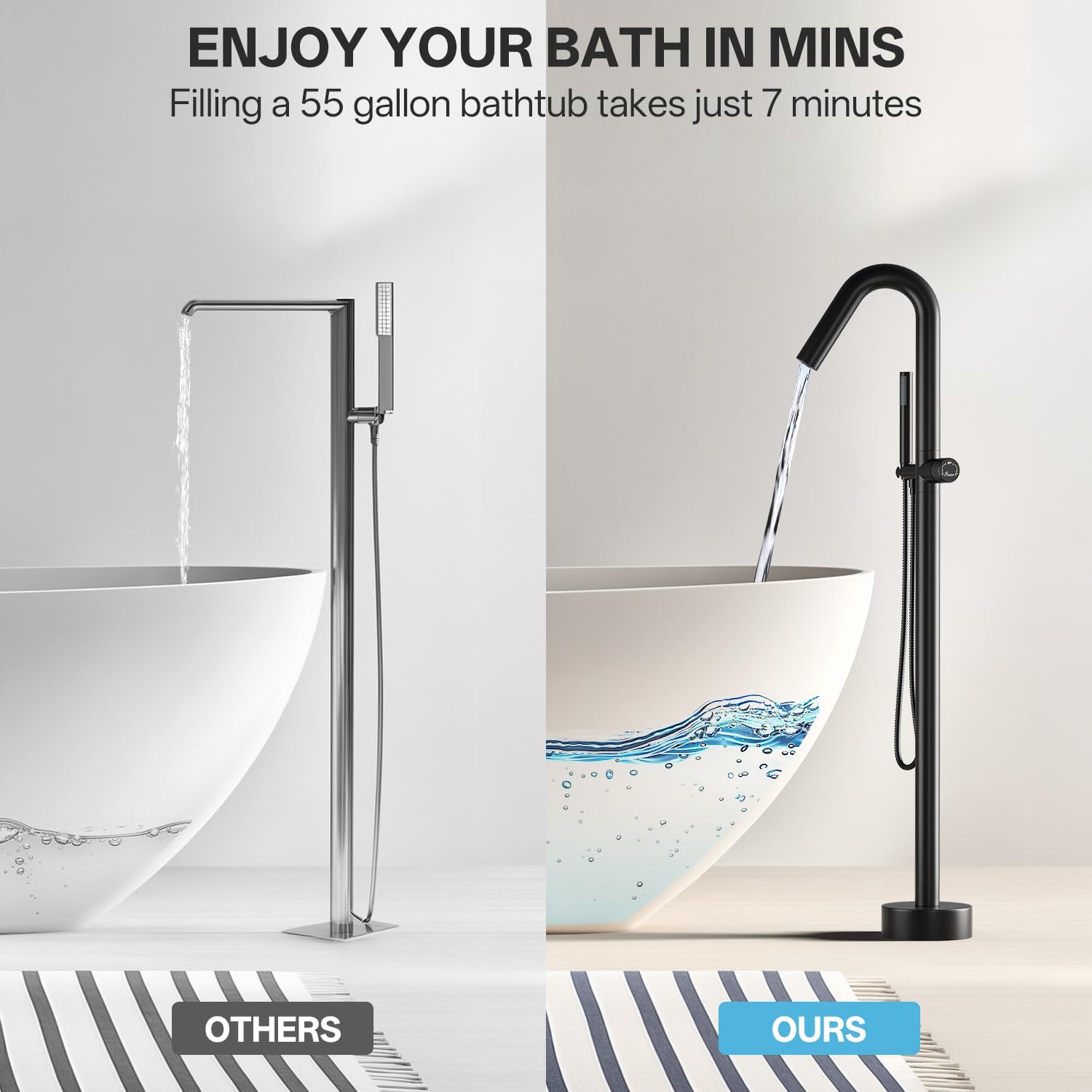 Freestanding Bathtub Faucet, Floor Mount Bathtub Faucet with 2 Water Outlet Modes, Swivel Gooseneck Spout with Hand Shower,Single Handle, Max Flow Rate 7.4 GPM (Type2-Black)