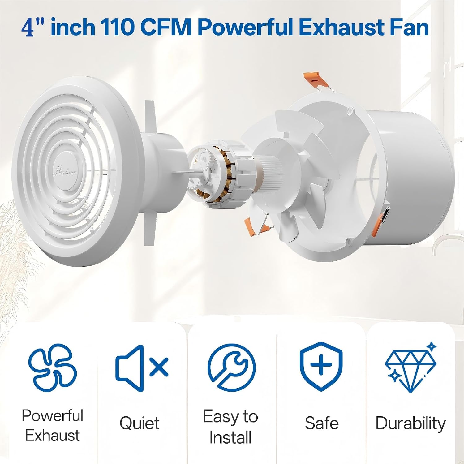 Hawkrown 4inch Exhaust Fan, 110 CFM Wall Mounted Vent Fan, 1.0 Sone Quiet, Windows Exhaust Fan, Ventilation Fan for Bathroom, Basement, Mobile Home