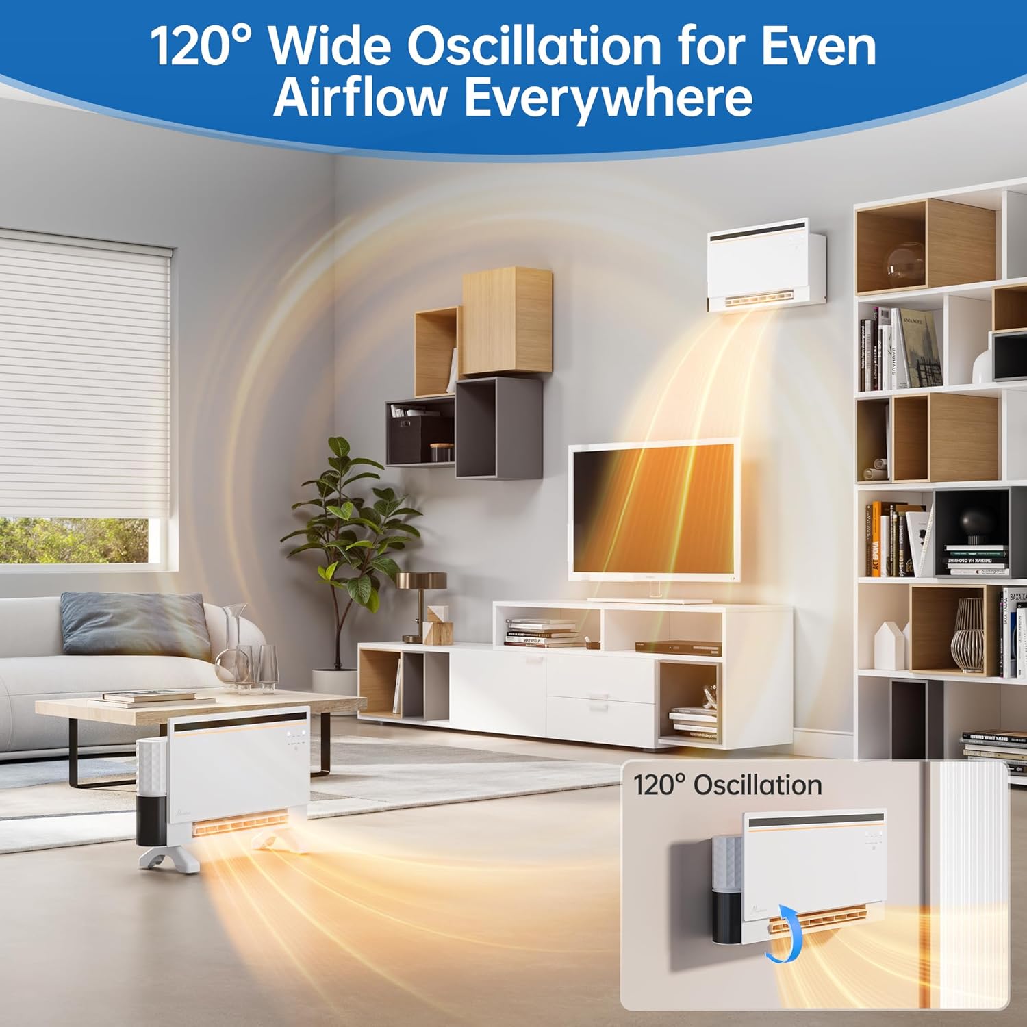 Electric Space Heater, Heater for indoor use, Dual Heating Modes, 120°Wide Oscillation, Bluetooth Speaker with 3 RGB Modes, Child lock, Display for Lyrics, Timing function (White)