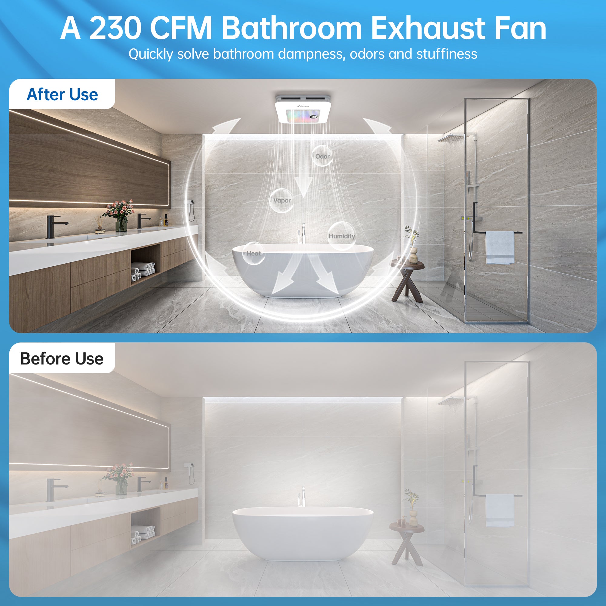 Bathroom Exhaust Fan with Bluetooth Speaker, 230 CFM 1.0 Sone Bathroom Exhaust Fan with Light, 3 Dynamic Light, 7 LED Color, 3 Color Temperatures, Nightlight,Remote, Easy Install (White)