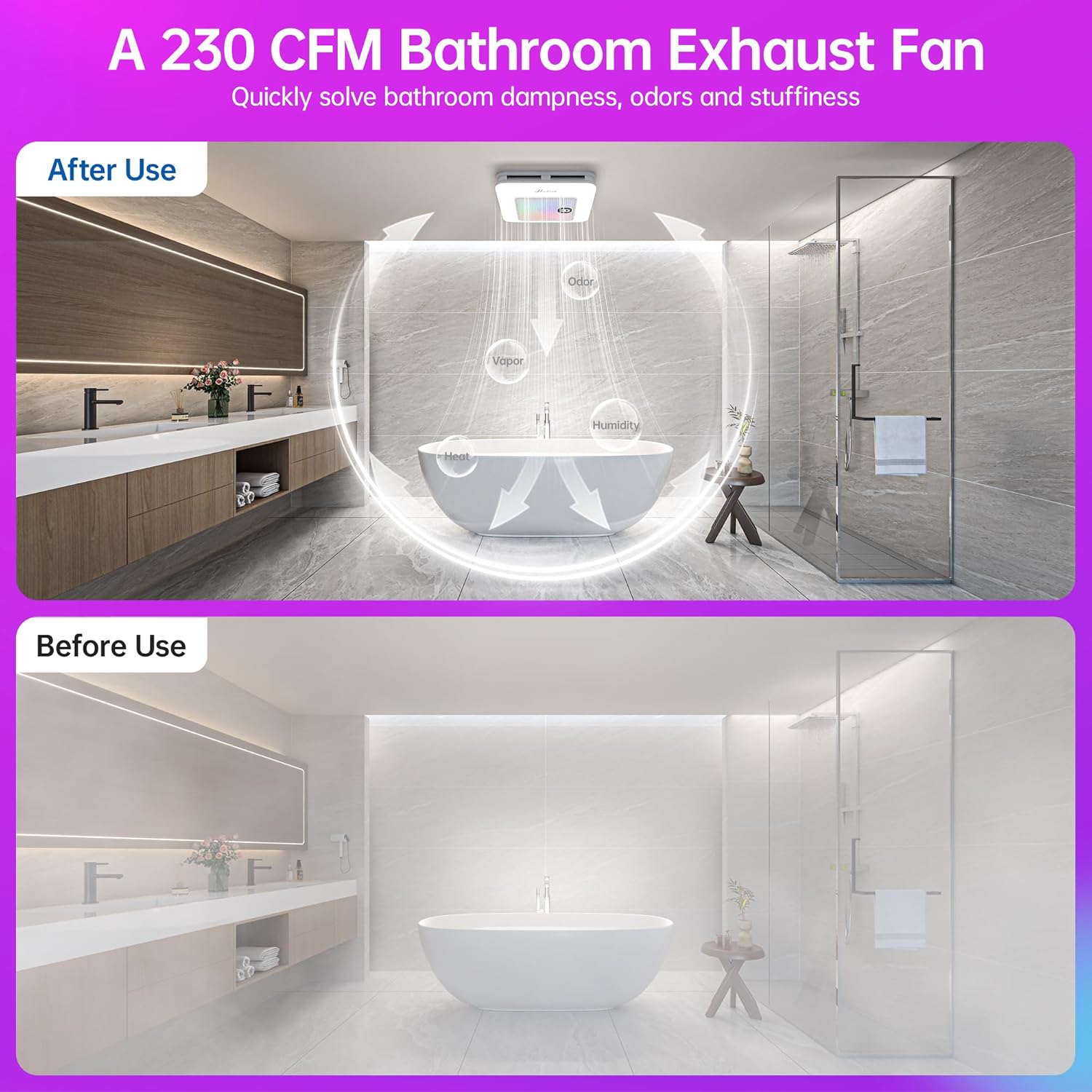 Bathroom Exhaust Fan with Bluetooth Speaker, 230 CFM 1.0 Sone Bathroom Exhaust Fan with Light, 3 Dynamic Light, 7 LED Color, 3 Color Temperatures, Nightlight,Remote, Easy Install (Ivory)