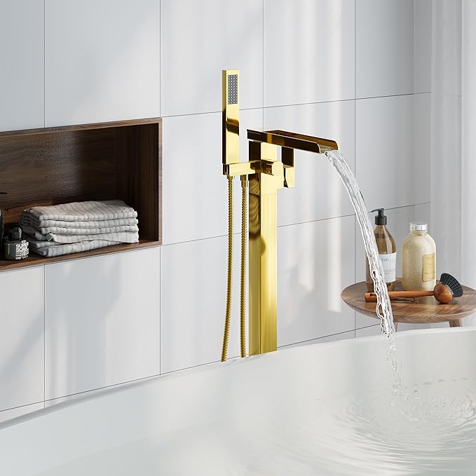Freestanding Bathtub Faucet, Floor Mount Bathtub Faucet with 2 Water Outlet Modes, Swivel Gooseneck Spout with Hand Shower,Single Handle, Max Flow Rate 7.4 GPM (Waterfall-Bright Gold)