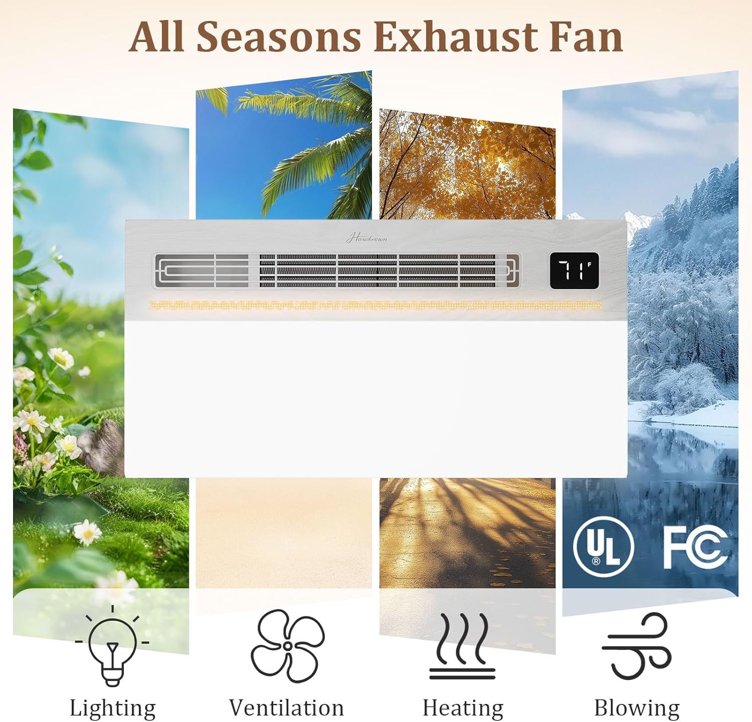 4 in 1 Bathroom Exhaust Fan with Light and Heater, 1800W 180 CFM 1.0 Sone Ceiling Fan Remote Control Heater, Ventilation for Home, Bath, Hotel