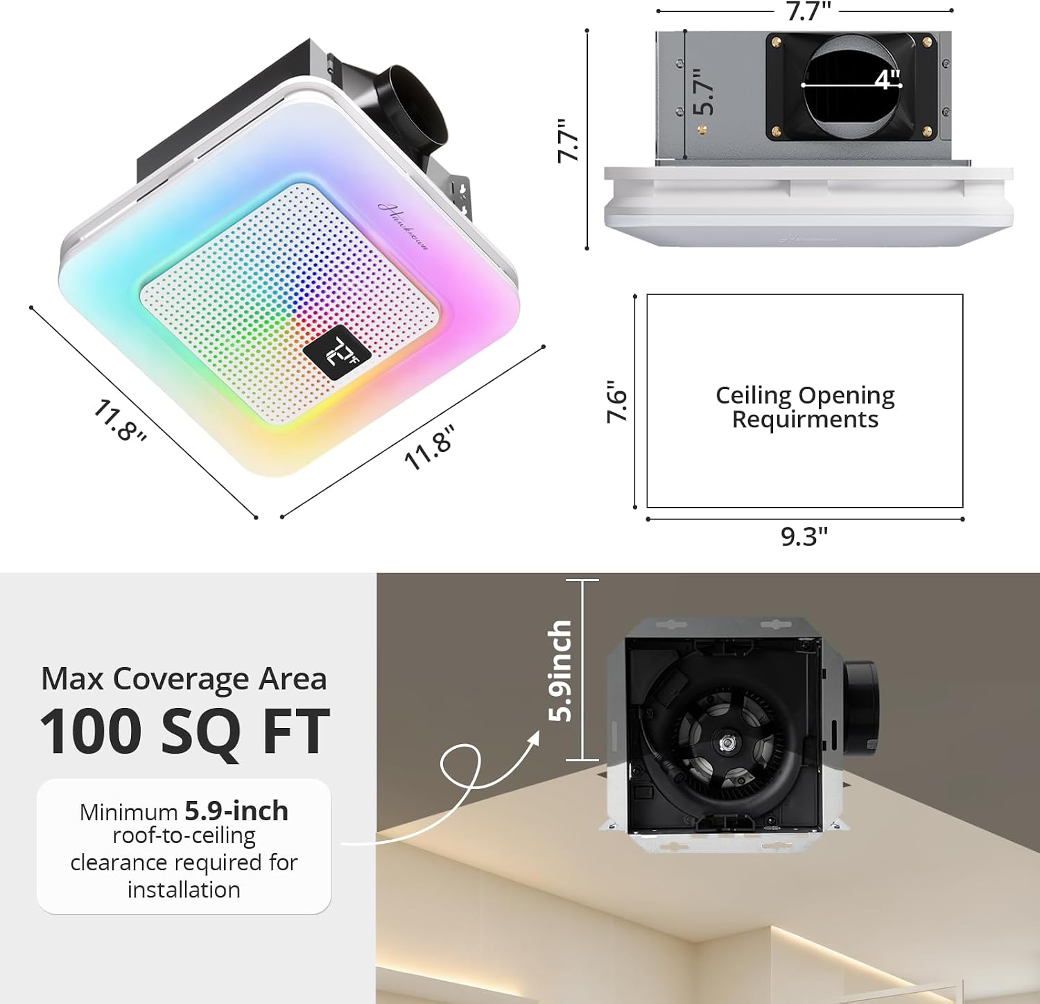 Hawkrown Bathroom Exhaust Fan with Bluetooth Speaker, 100 CFM 1.0 Sone Bathroom Exhaust Fan with Light, Dynamic Light, 7 LED Color, 3CCT Dimmable, Nightlight,Remote, Easy Install (White)