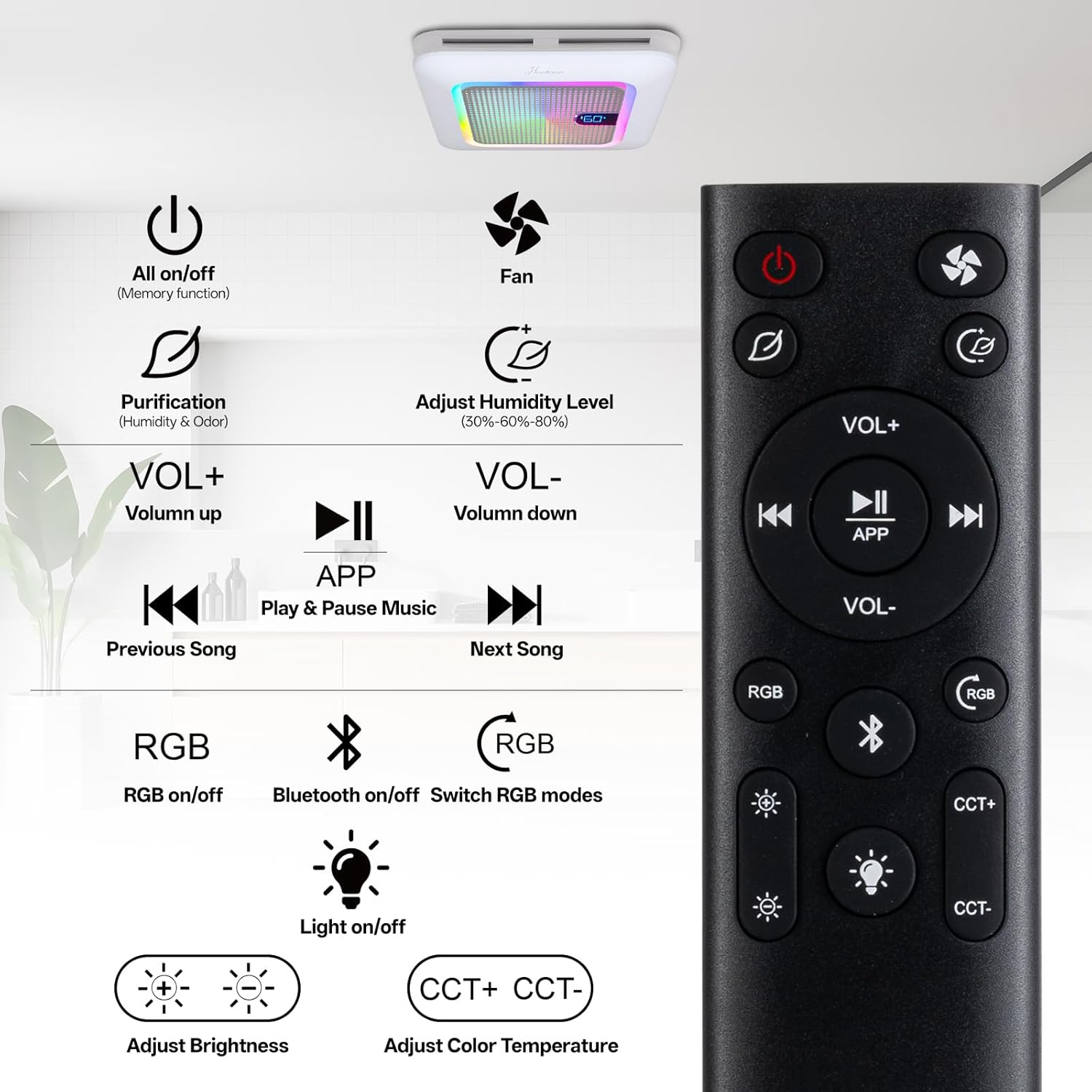 Smart Bathroom Exhaust Fan with Bluetooth Speaker, 230 CFM 1.0 Sone Exhaust Fan with Humidity & Odor Sensor, Remote/App/Voice Control, Adjustable LED Lighting & Dynamic RGB Mood Light (Grey)