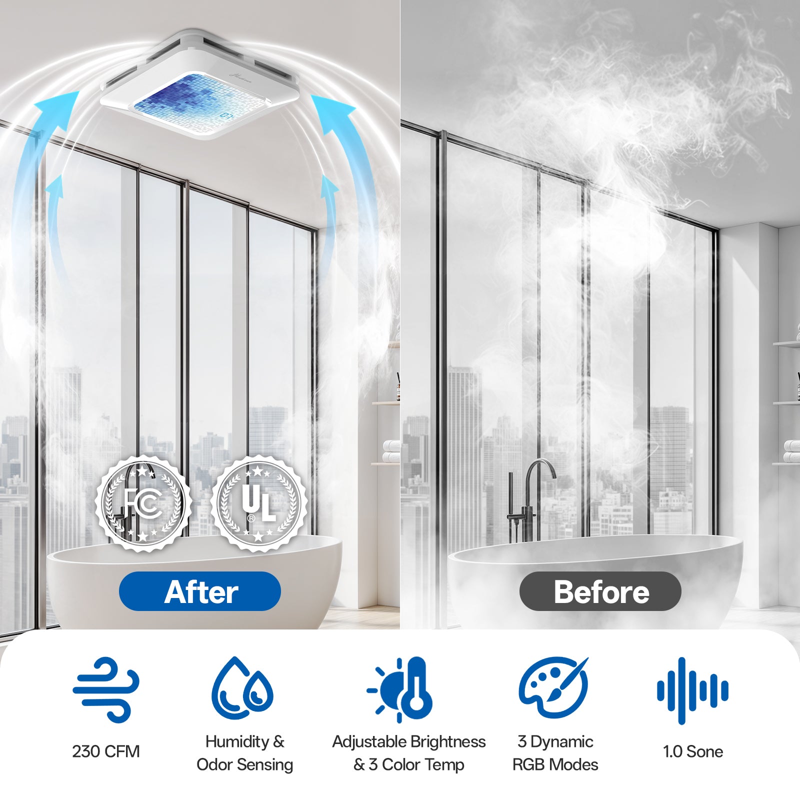 Bathroom Exhaust Fan with Light Humidity Sensor, Bathroom Fan with Humidity Sensor, 230 CFM 1.0 Sone, 3CCT LED Light 7 LED Color, Remote Control Easy Install (Azure Mosaic)
