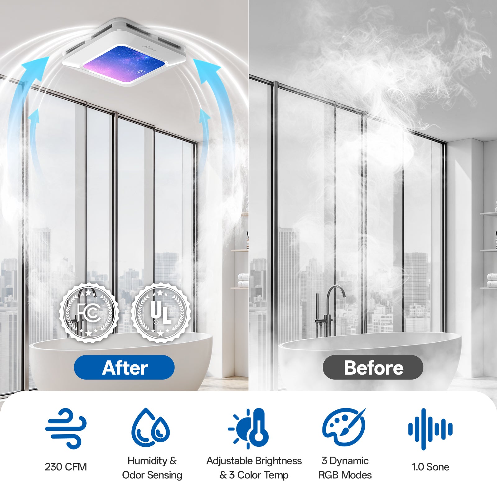 Bathroom Exhaust Fan with Light Humidity Sensor, Bathroom Fan with Humidity Sensor, 230 CFM 1.0 Sone Exhaust Fan, Venlitation Fan with 3CCT LED Light 7 LED Color, Remote Control Easy Install (Stellar Night)