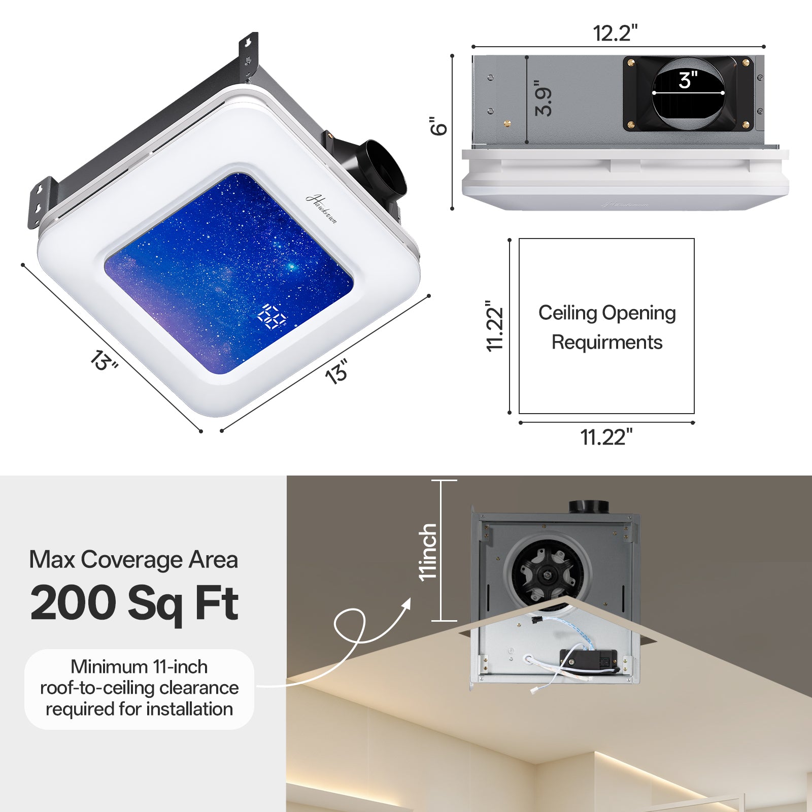 Bathroom Exhaust Fan with Light Humidity Sensor, Bathroom Fan with Humidity Sensor, 230 CFM 1.0 Sone Exhaust Fan, Venlitation Fan with 3CCT LED Light 7 LED Color, Remote Control Easy Install (Stellar Night)