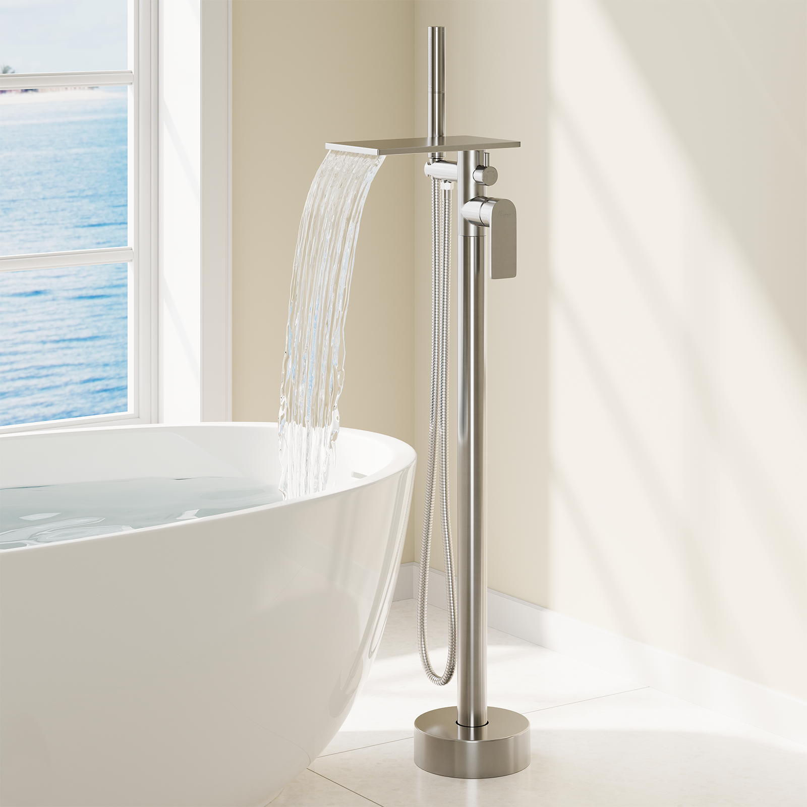 Freestanding Bathtub Faucet, Floor Mount Bathtub Faucet with 2 Water Outlet Modes, Swivel Gooseneck Spout with Hand Shower,Single Handle, Max Flow Rate 7.4 GPM (Waterfall 2-Brushed Nickel)