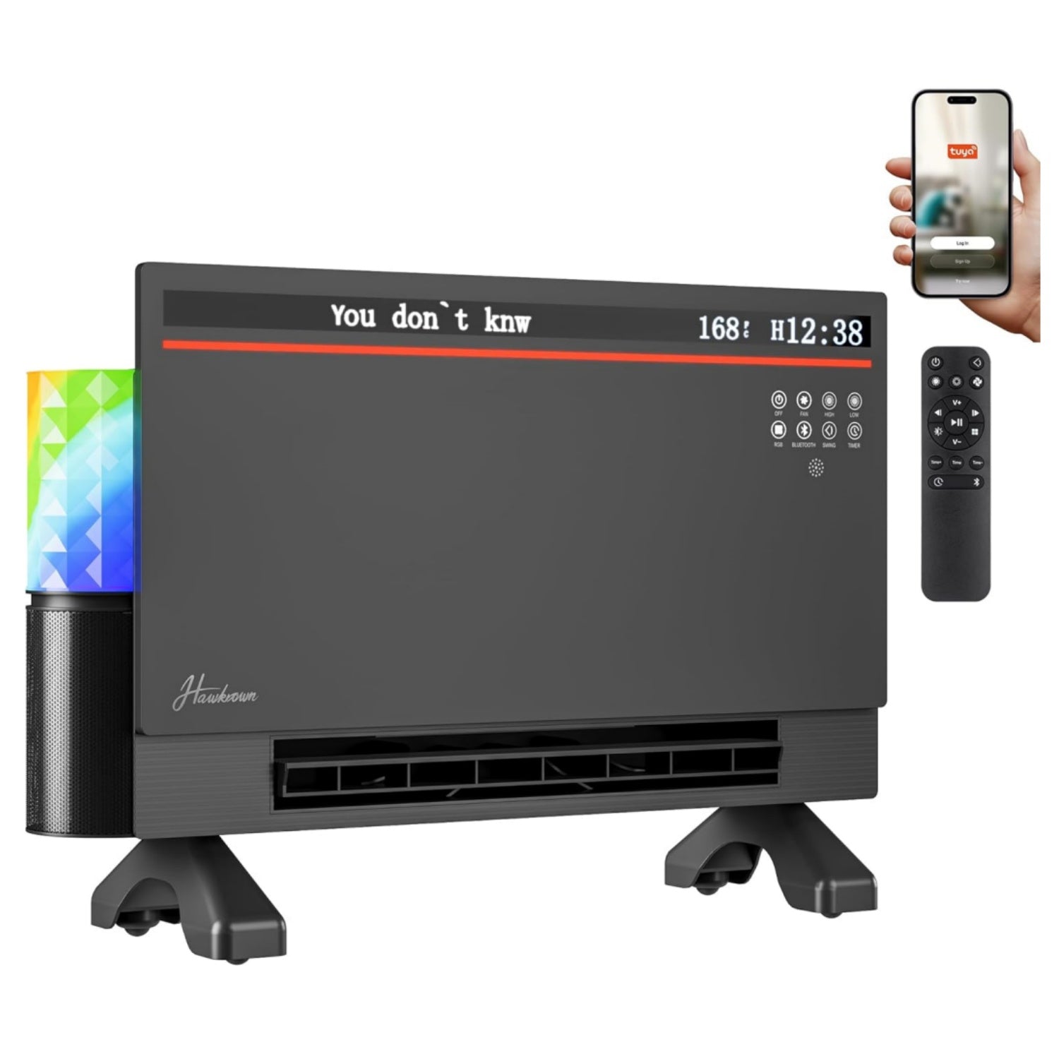 Electric Space Heater, Heater for indoor use, Dual Heating Modes, 120°Wide Oscillation, Bluetooth Speaker with 3 RGB Modes, Child lock, Display for Lyrics, Timing function (Grey)