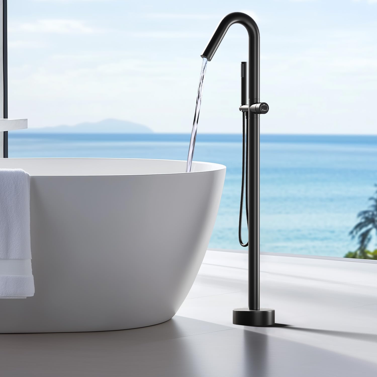 Freestanding Bathtub Faucet, Floor Mount Bathtub Faucet with 2 Water Outlet Modes, Swivel Gooseneck Spout with Hand Shower,Single Handle, Max Flow Rate 7.4 GPM (Type2-Black)
