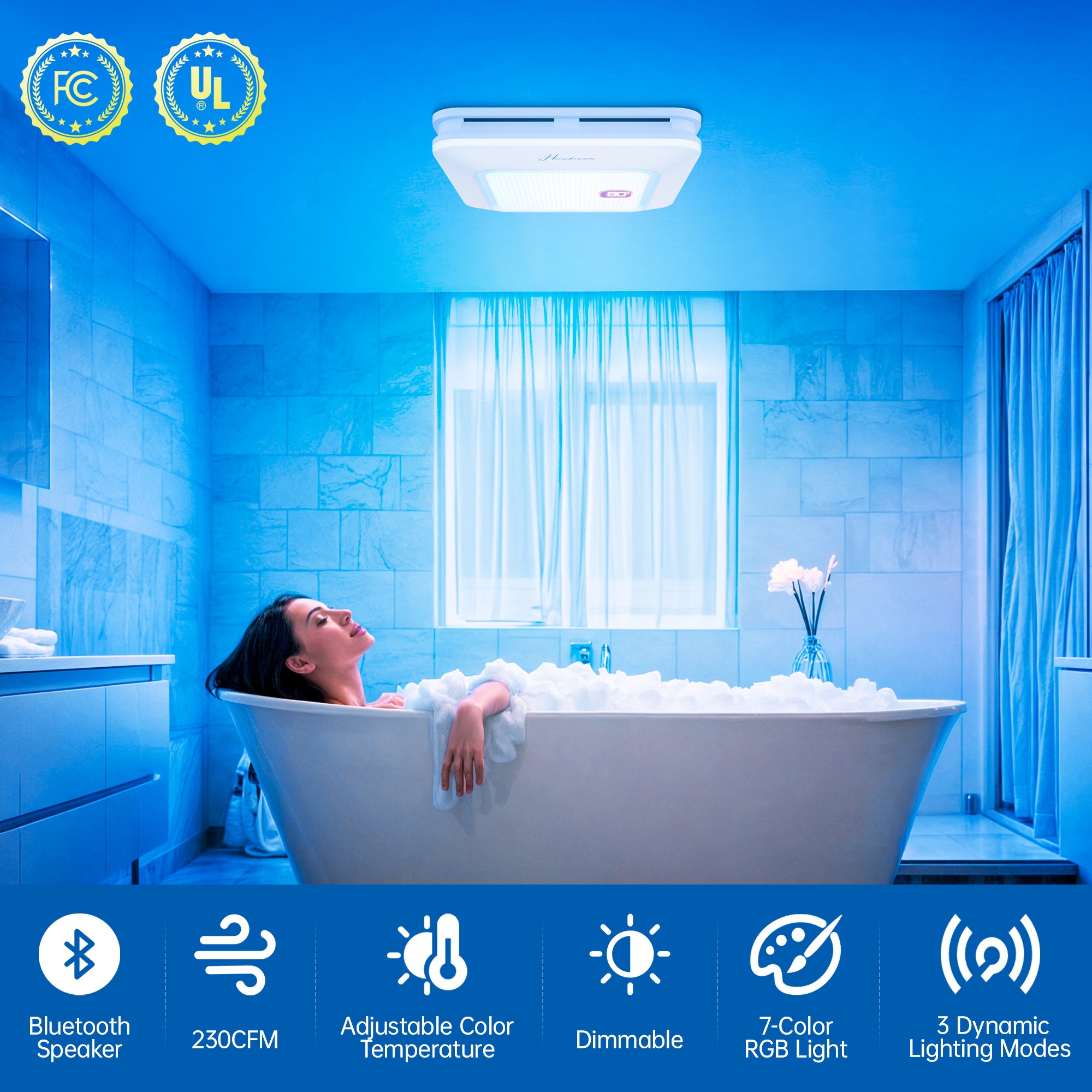 Bathroom Exhaust Fan with Bluetooth Speaker, 230 CFM 1.0 Sone Bathroom Exhaust Fan with Light, 3 Dynamic Light, 7 LED Color, 3 Color Temperatures, Nightlight,Remote, Easy Install (White)