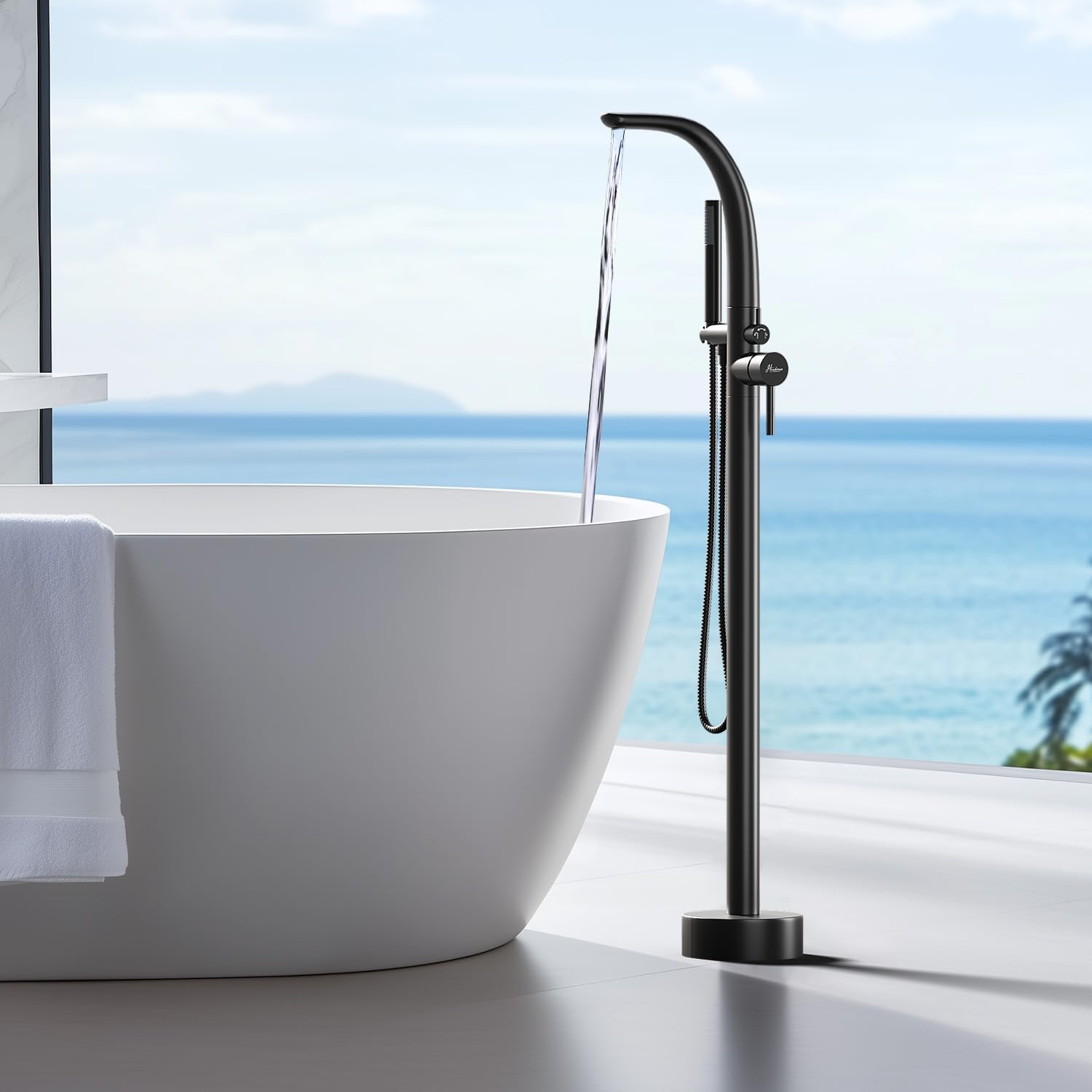 Freestanding Bathtub Faucet, Floor Mount Bathtub Faucet with 2 Water Outlet Modes, Swivel Gooseneck Spout with Hand Shower,Single Handle, Max Flow Rate 7.4 GPM (Type3-Black)