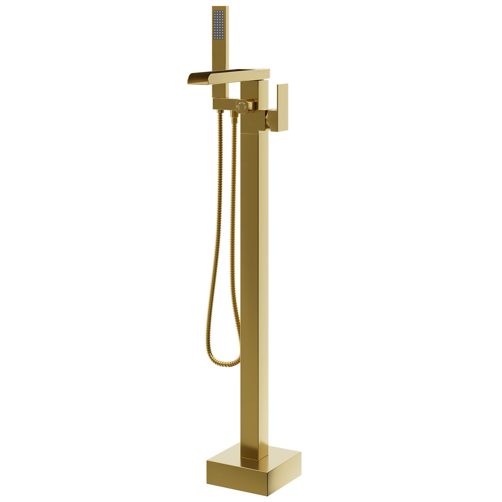 Freestanding Bathtub Faucet, Floor Mount Bathtub Faucet with 2 Water Outlet Modes, Swivel Gooseneck Spout with Hand Shower,Single Handle, Max Flow Rate 7.4 GPM (Waterfall-Bright Gold)