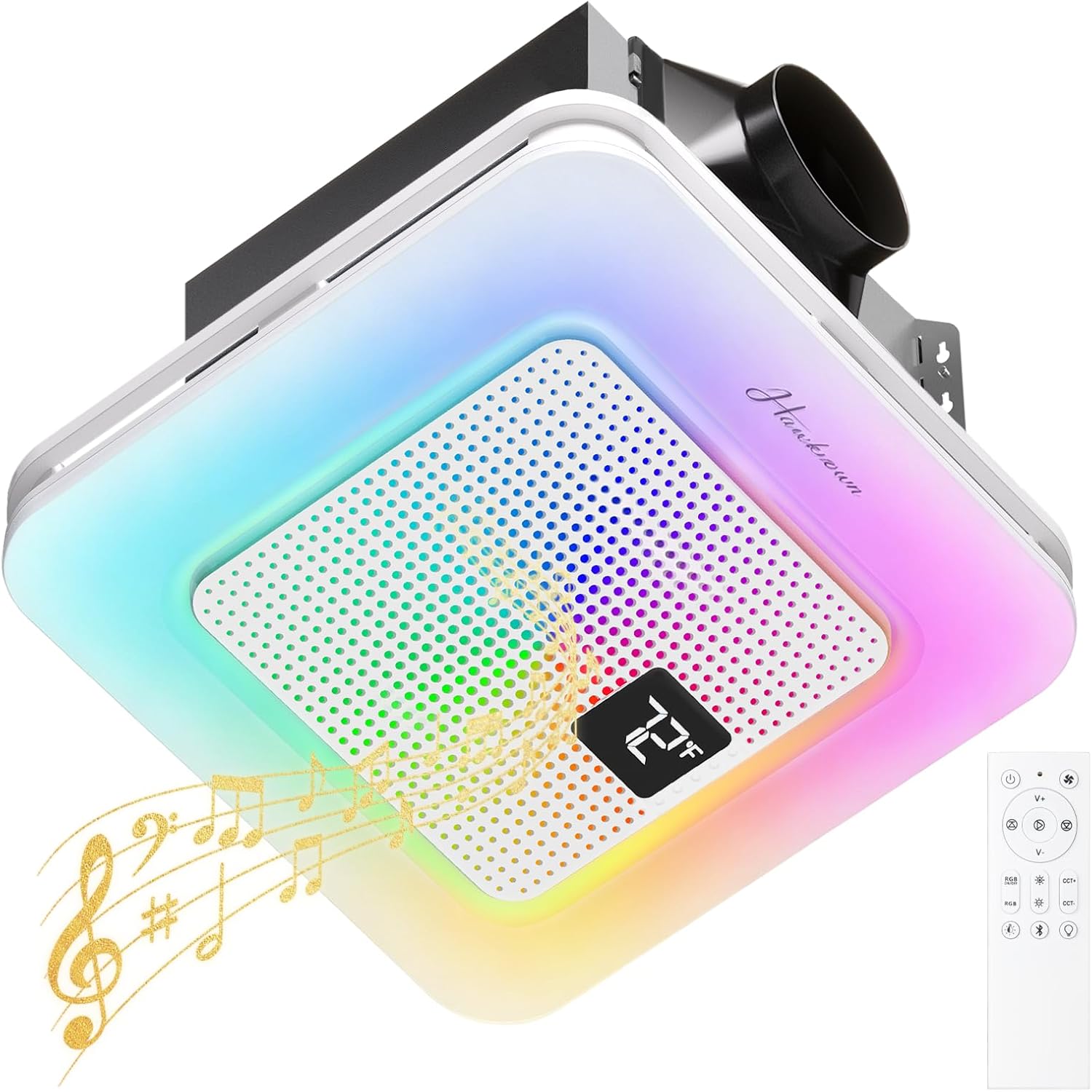 Hawkrown Bathroom Exhaust Fan with Bluetooth Speaker, 100 CFM 1.0 Sone Bathroom Exhaust Fan with Light, Dynamic Light, 7 LED Color, 3CCT Dimmable, Nightlight,Remote, Easy Install (White)