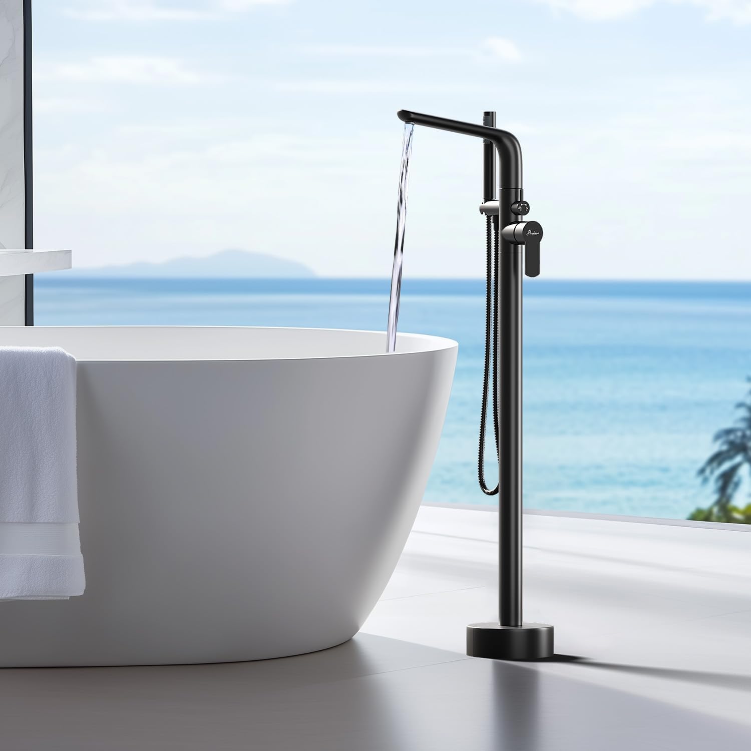 Freestanding Bathtub Faucet, Floor Mount Bathtub Faucet with 2 Water Outlet Modes, Swivel Gooseneck Spout with Hand Shower,Single Handle, Max Flow Rate 7.4 GPM (Type1-Black)