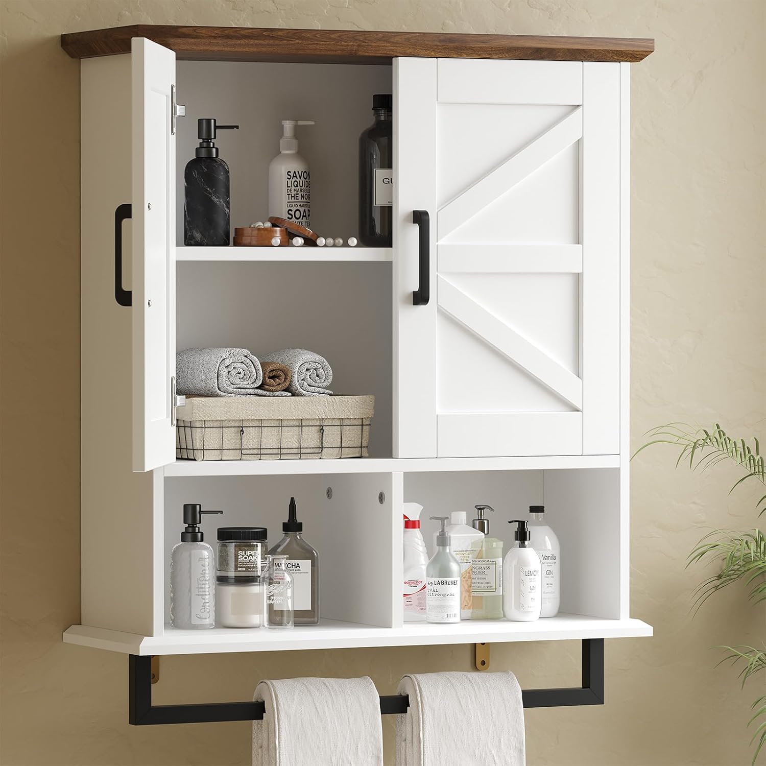 Hawkrown Farmhouse Bathroom Wall Cabinet with Adjustable Shelves & Towel Racks, White Wall Mounted Medicine Cabinet, Over The Toilet Storage Cabinet for Bathroom, Kitchen, Laundry Room
