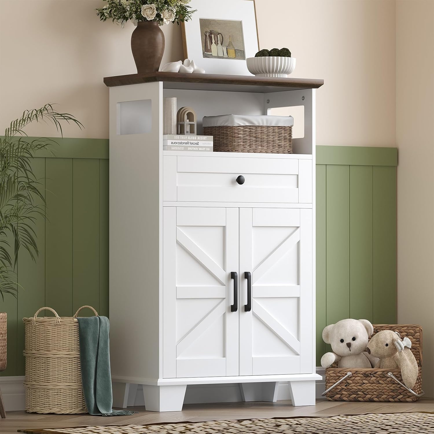 Hawkrown Farmhouse Bathroom Storage Cabinet with Drawer & Adjustable Shelves, White 23.6" Wide Freestanding Floor Cabinet, Barn Door, Sturdy Wood, for Kitchen, Entryway (23.6 * 11.8 * 39.3" (Floor))