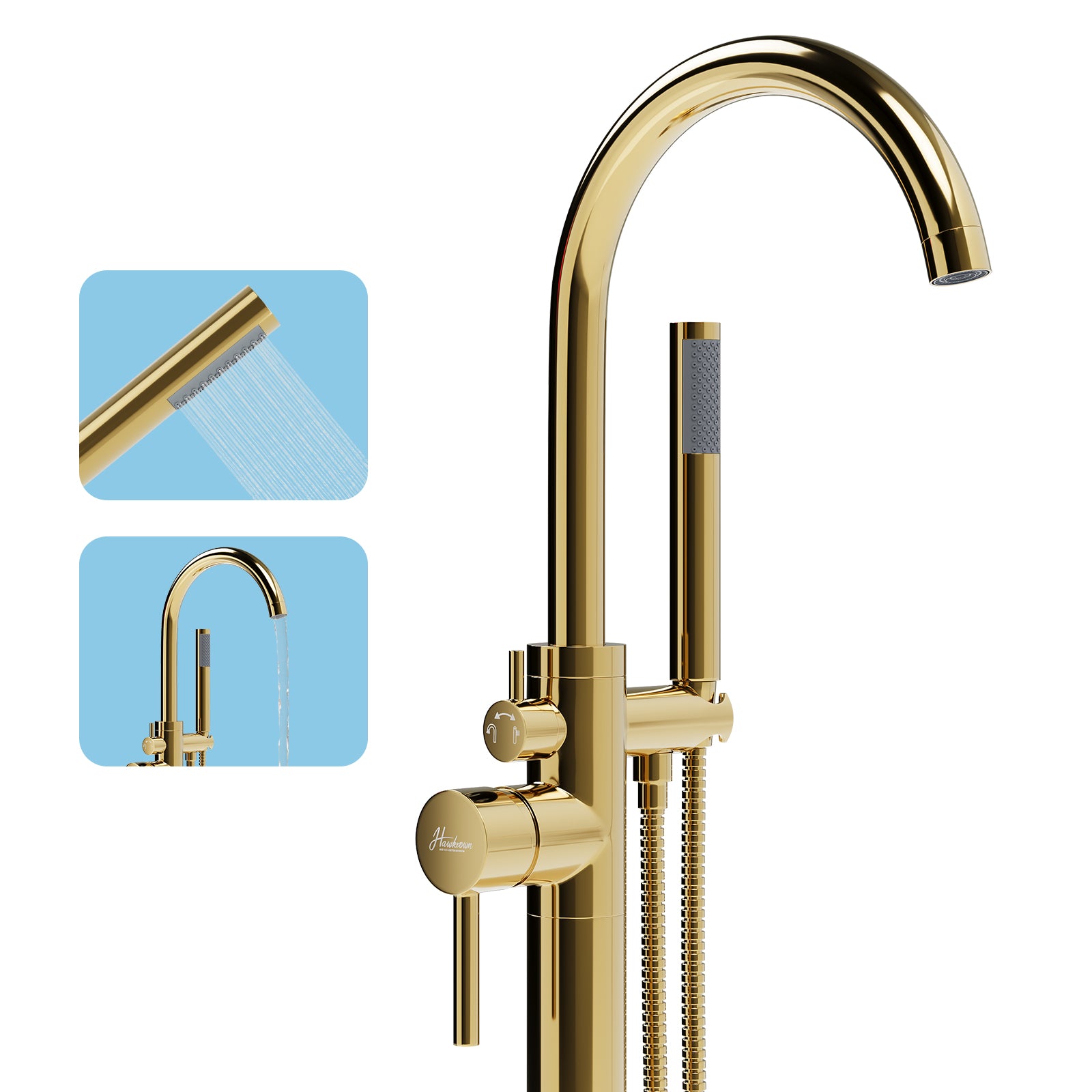 Freestanding Bathtub Faucet, Floor Mount Bathtub Faucet with 2 Water Outlet Modes, Swivel Gooseneck Spout with Hand Shower, Brass Single Handle Tub filler, Max Flow Rate 7.4 GPM (Gooseneck-Bright Gold)