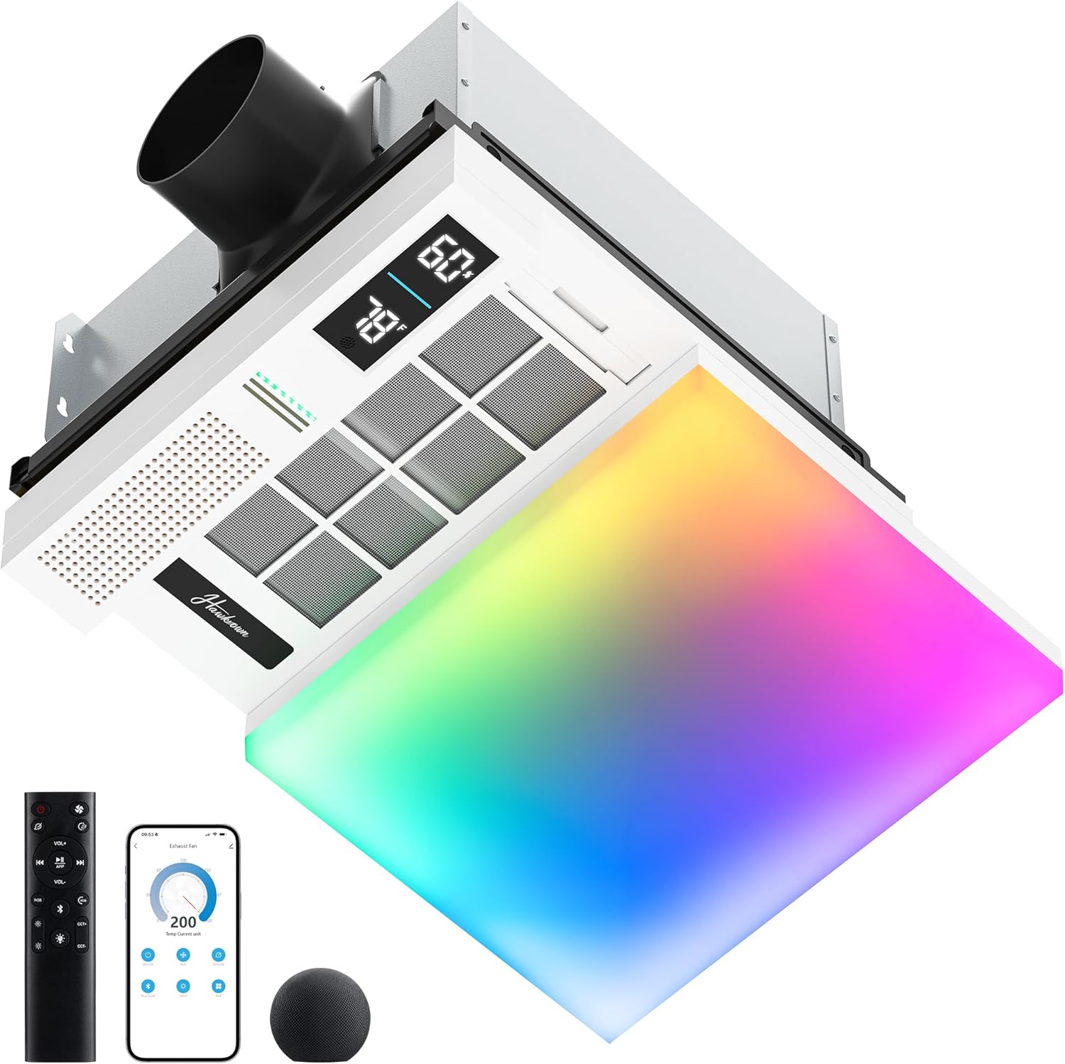 Sliding Exhaust Fan with Bluetooth Speaker, 230 CFM, Humidity & Odor Sensor, 3-Color Temp & RGB Lights, App/Voice/Remote Control, Easy-Clean Dust Filter