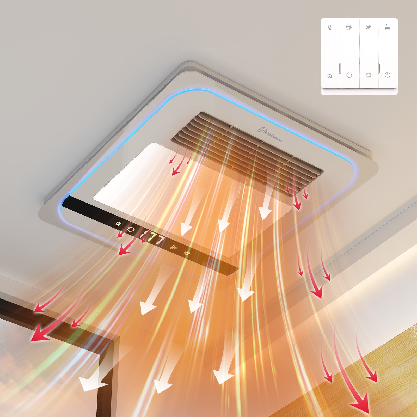 Hawkrown 4 in 1 Bathroom Exhaust Fan with Light, 1760W Heater Fan Light Combo, 190 CFM Bathroom Fan, 1.0 Sone Exhaust Fan with Heater, Light, Ventilation for Home, Bath, Hotel
