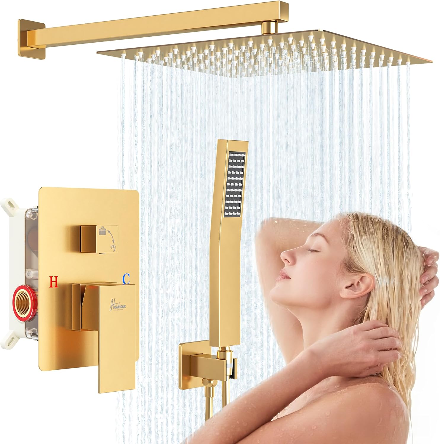 10 Inch Luxury Rain Shower Faucet Set, Brushed Gold Shower System with Rainfall Shower Head and Handheld Spray, SUS304 Stainless Steel and Solid Brass Wall Mounted Shower Valve Trim Kit