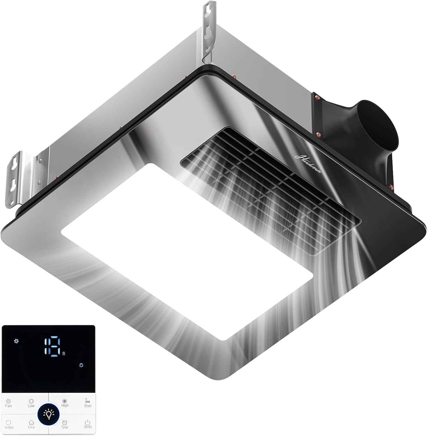 4-in-1 Bathroom Exhaust Fan with Light and Heater, Mirror Black Exhaust Fan, 3CCT Lighting, Strong and Weak Heating, Quiet & Powerful for Ventilation, Remote Control