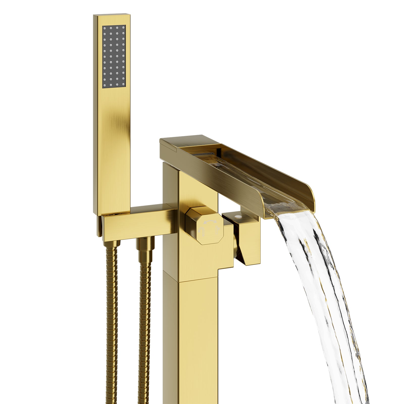 Freestanding Bathtub Faucet, Floor Mount Bathtub Faucet with 2 Water Outlet Modes, Swivel Gooseneck Spout with Hand Shower,Single Handle, Max Flow Rate 7.4 GPM (Waterfall-Bright Gold)