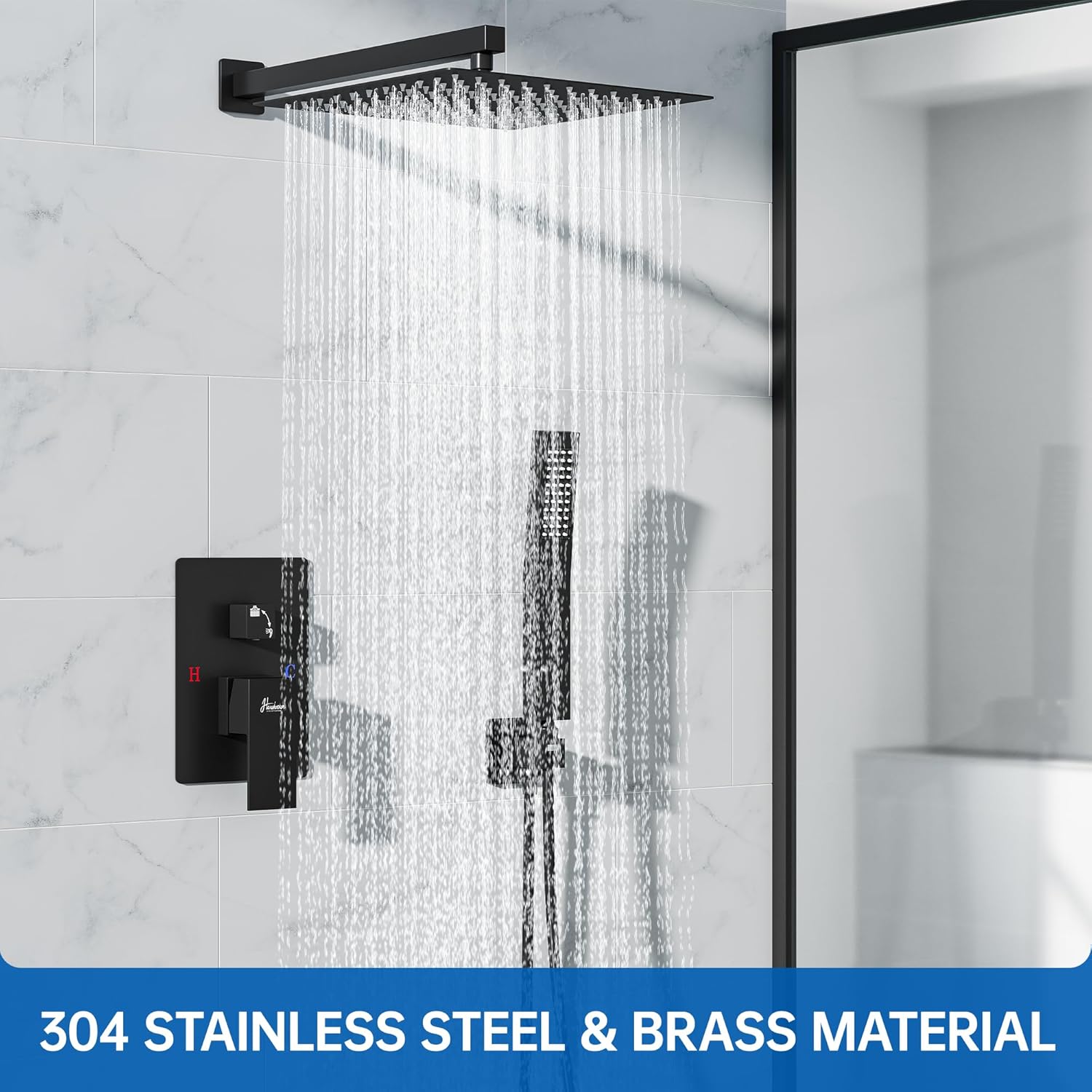 12 Inch Luxury Rain Shower Faucet Set, Matte Black Shower System with Rainfall Shower Head and Handheld Spray, SUS304 Stainless Steel and Solid Brass Wall Mounted Shower Valve Trim Kit