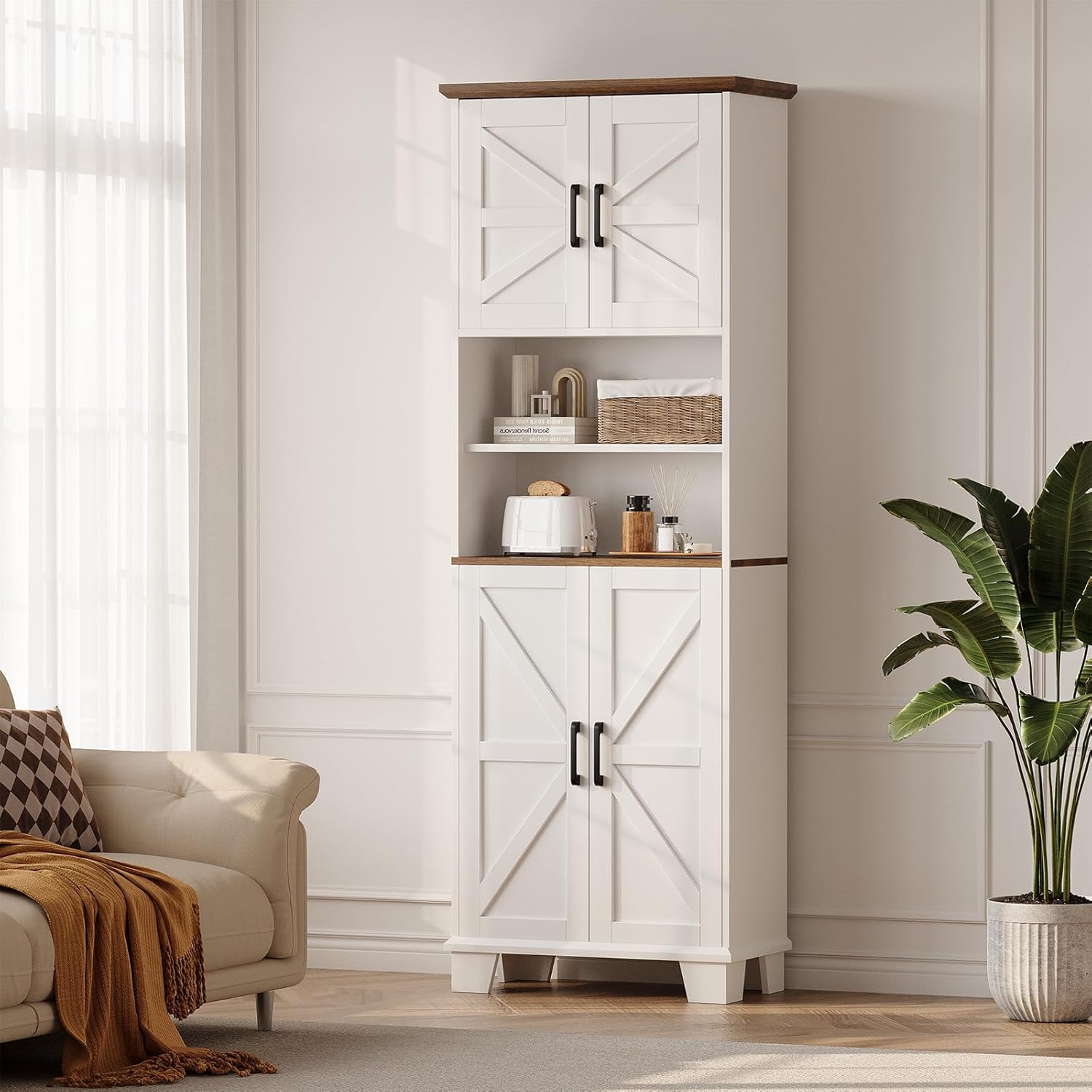 Hawkrown Farmhouse Bathroom Storage Cabinet, 67.9" Tall Freestanding Cabinet with 7 Adjustable Shelves & Barn Doors, Multipurpose Pantry Cupboard for Kitchen, Bathroom, Living Room, Dining Room