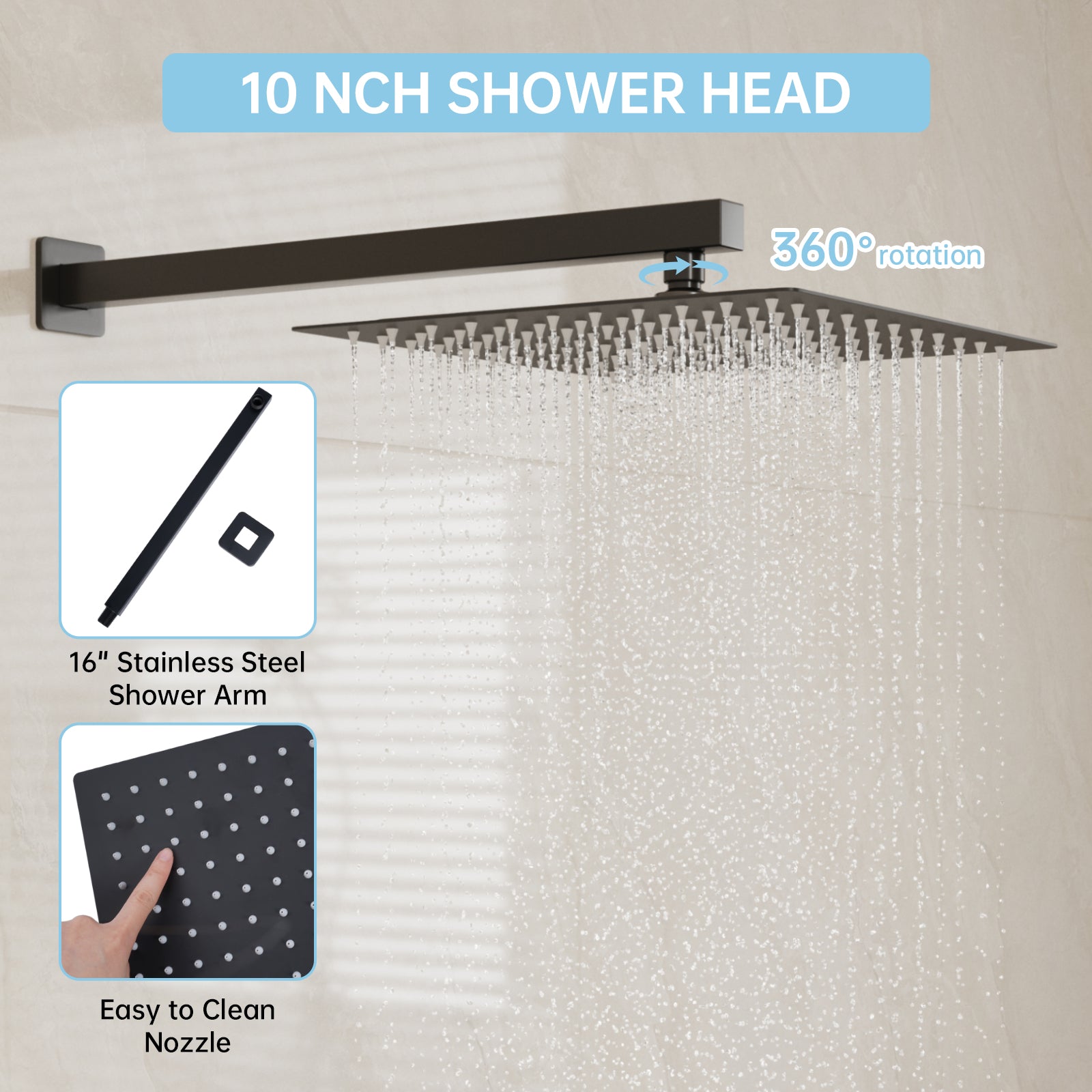 High-Pressure Concealed Shower System with 10” Rainfall Shower, Tub Spout, and Handheld Spray Combo