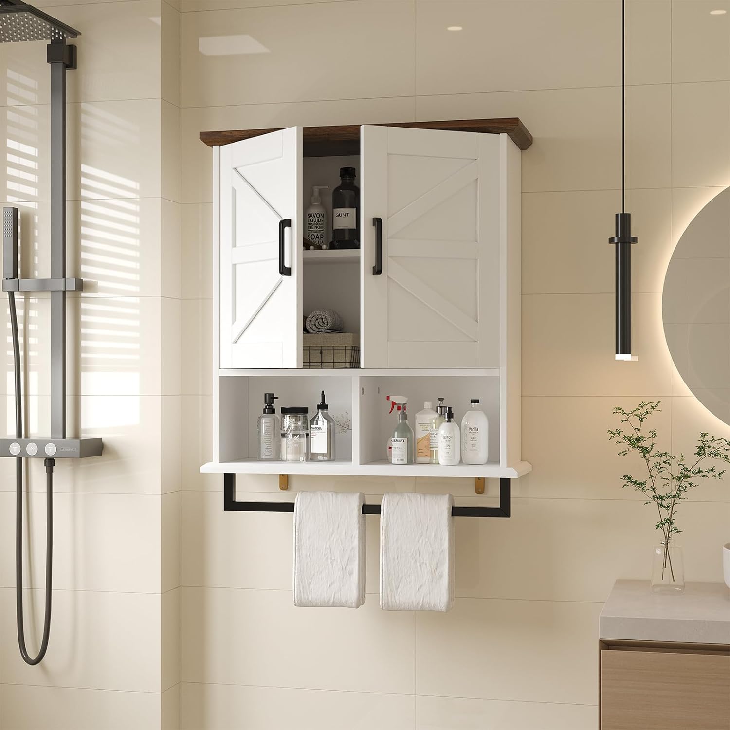 Hawkrown Farmhouse Bathroom Wall Cabinet with Adjustable Shelves & Towel Racks, White Wall Mounted Medicine Cabinet, Over The Toilet Storage Cabinet for Bathroom, Kitchen, Laundry Room