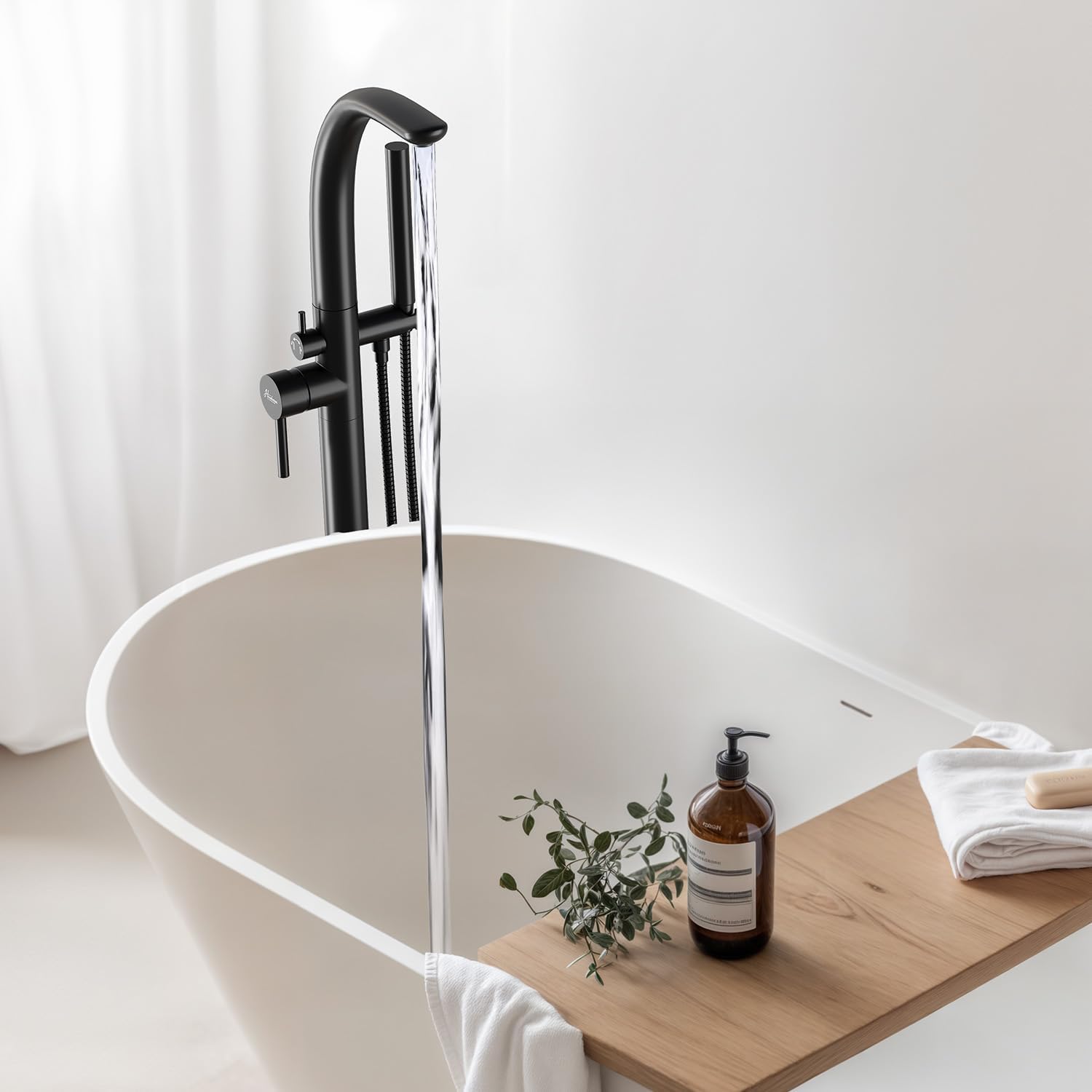 Freestanding Bathtub Faucet, Floor Mount Bathtub Faucet with 2 Water Outlet Modes, Swivel Gooseneck Spout with Hand Shower,Single Handle, Max Flow Rate 7.4 GPM (Type3-Black)