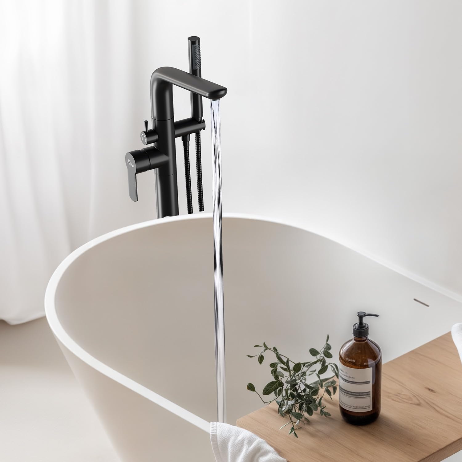 Freestanding Bathtub Faucet, Floor Mount Bathtub Faucet with 2 Water Outlet Modes, Swivel Gooseneck Spout with Hand Shower,Single Handle, Max Flow Rate 7.4 GPM (Type1-Black)