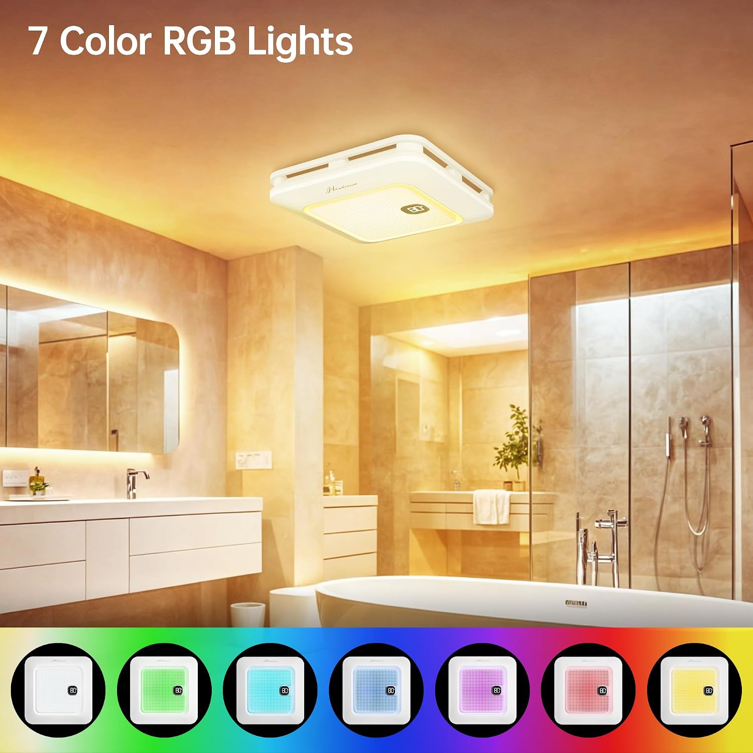 Hawkrown Bathroom Exhaust Fan with Bluetooth Speaker, 100 CFM 1.0 Sone Bathroom Exhaust Fan with Light, Dynamic Light, 7 LED Color, 3CCT Dimmable, Nightlight,Remote, Easy Install (White)