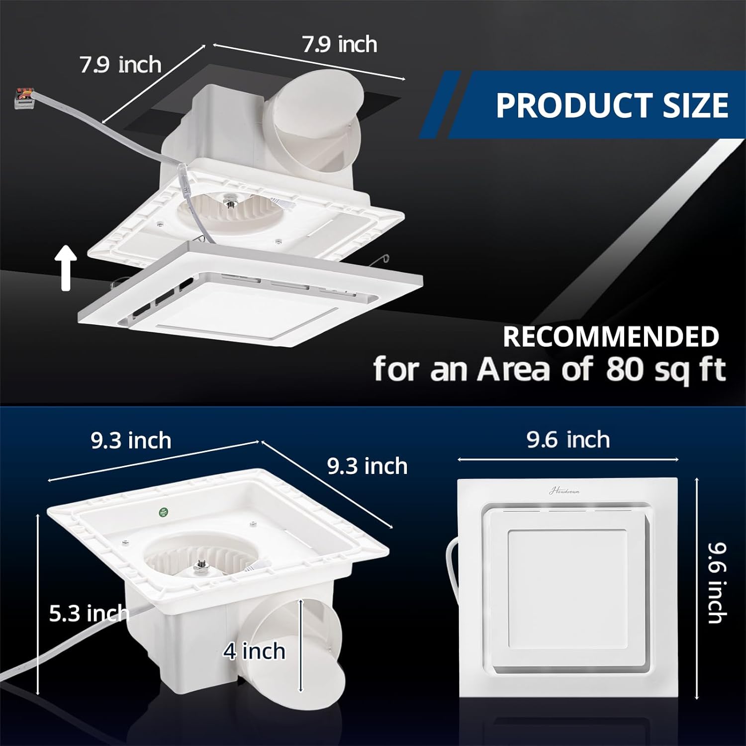 Hawkrown 10" Panel Bathroom Exhaust Fan with Light, 8" x8" Ceiling Opening, 110 CFM Powerful 1.0 Sone Quiet Vent Fan, 2600lm 6000K Color LED Light, Easy to Install, Space Saving Bathroom Ventilation