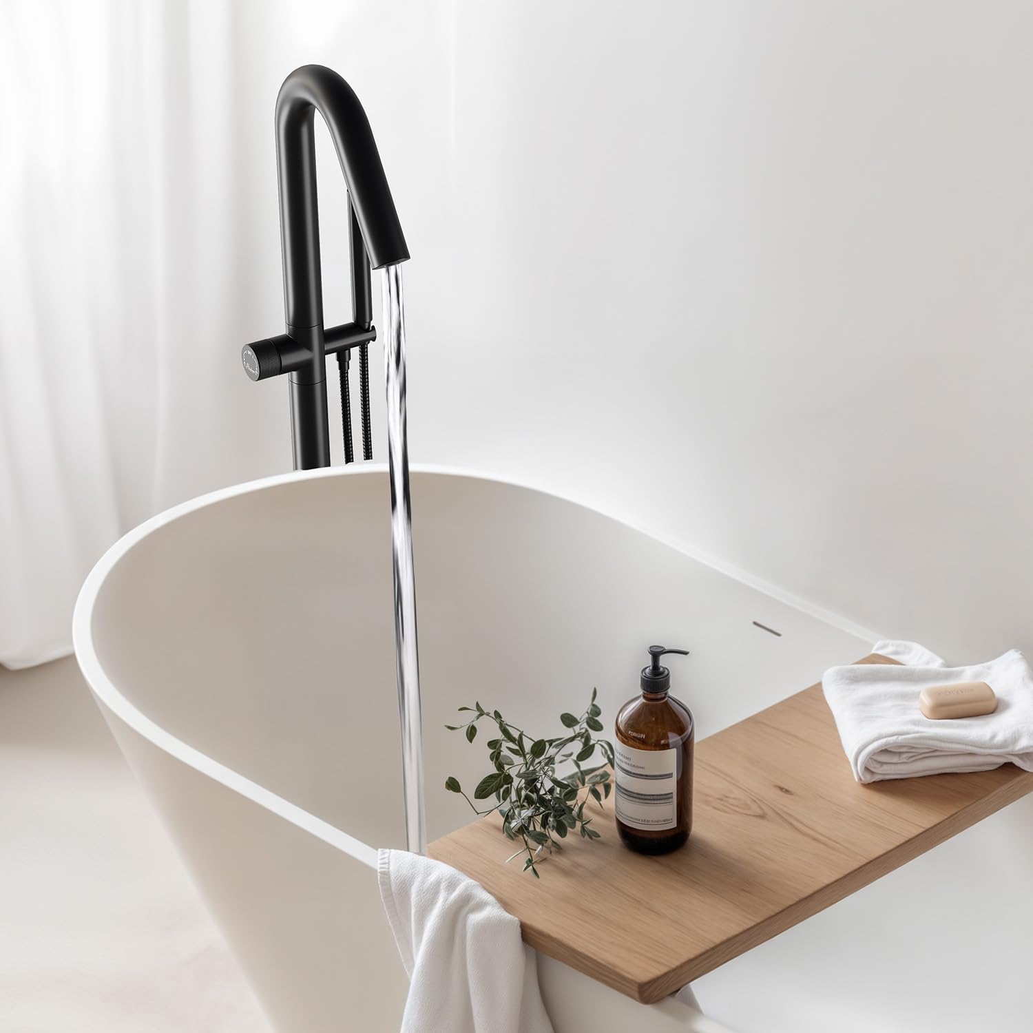 Freestanding Bathtub Faucet, Floor Mount Bathtub Faucet with 2 Water Outlet Modes, Swivel Gooseneck Spout with Hand Shower,Single Handle, Max Flow Rate 7.4 GPM (Type2-Black)