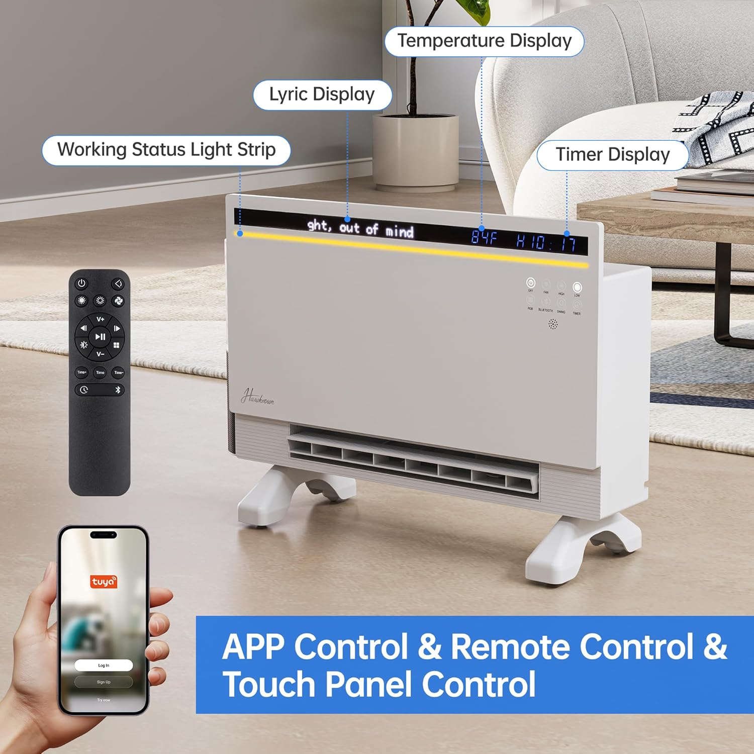 Electric Space Heater, Heater for indoor use, Dual Heating Modes, 120°Wide Oscillation, Bluetooth Speaker with 3 RGB Modes, Child lock, Display for Lyrics, Timing function (White)