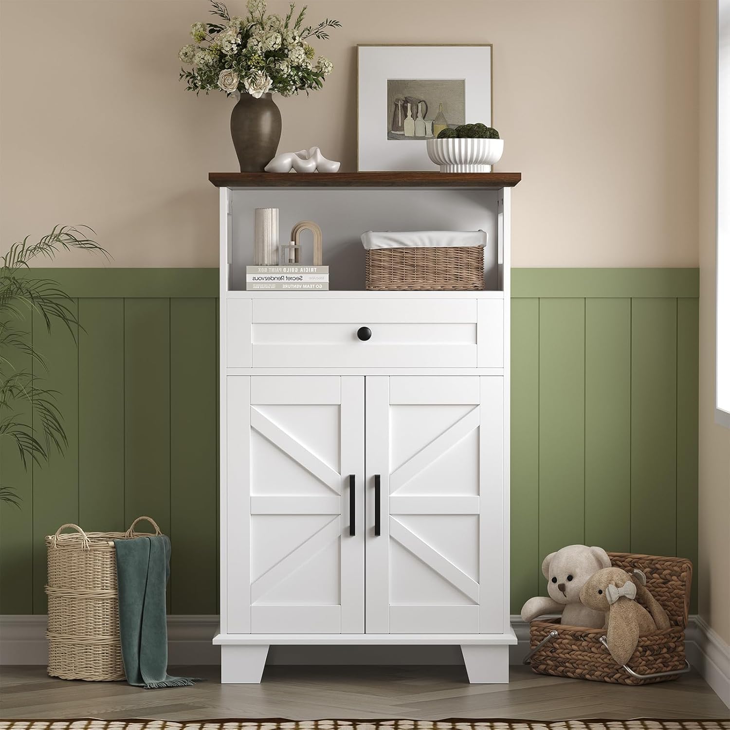 Hawkrown Farmhouse Bathroom Storage Cabinet with Drawer & Adjustable Shelves, White 23.6" Wide Freestanding Floor Cabinet, Barn Door, Sturdy Wood, for Kitchen, Entryway (23.6 * 11.8 * 39.3" (Floor))