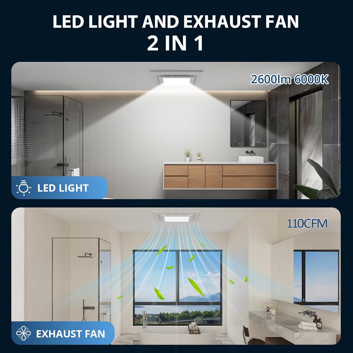Hawkrown 10" Panel Bathroom Exhaust Fan with Light, 8" x8" Ceiling Opening, 110 CFM Powerful 1.0 Sone Quiet Vent Fan, 2600lm 6000K Color LED Light, Easy to Install, Space Saving Bathroom Ventilation
