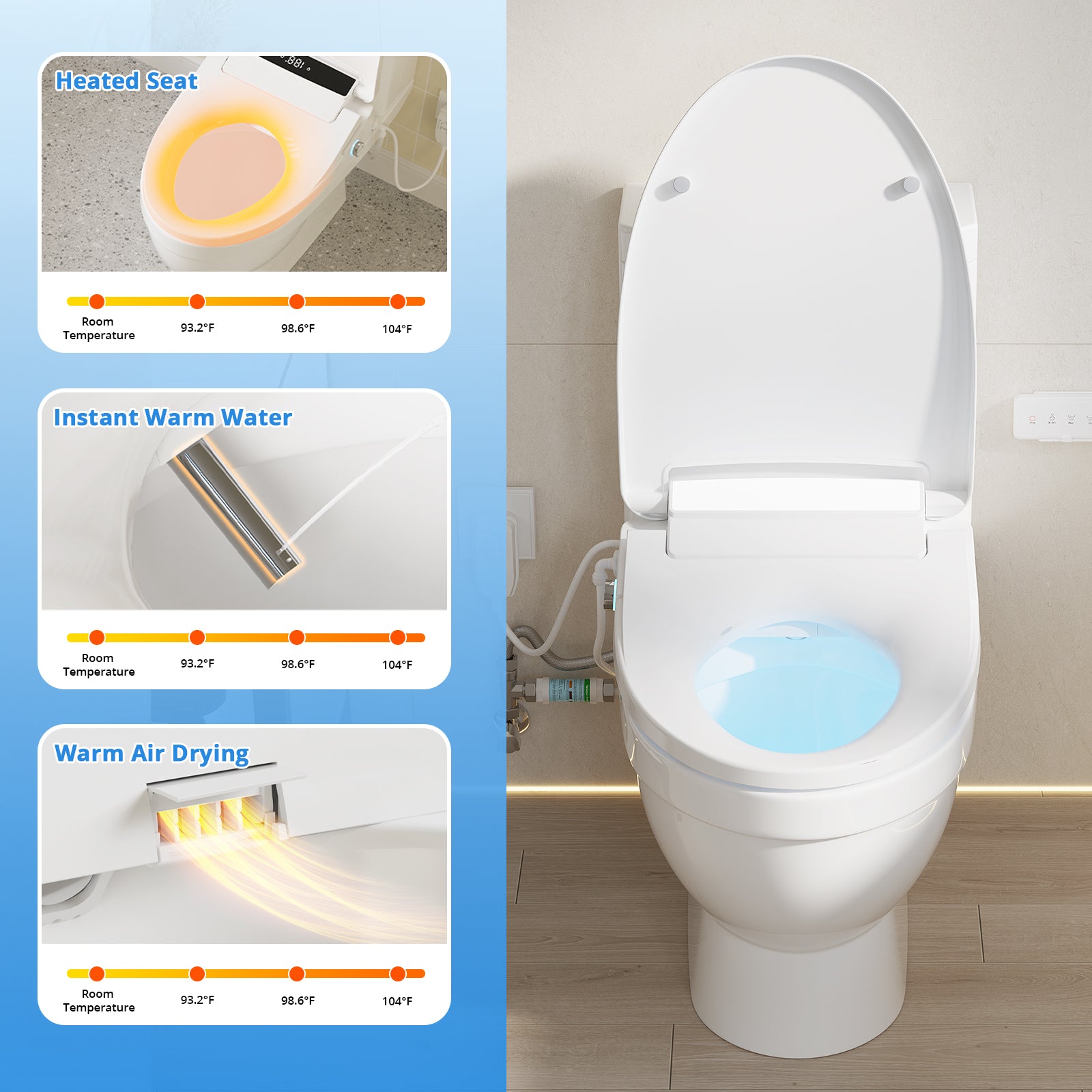 Electric Smart Bidet Toilet Seat, Upgraded Heated Bidet with Adjustable Instant Warm Water and Warm Dryer, Remote Control, Night Light, Slow Close Lid, LED Display (Elongated)