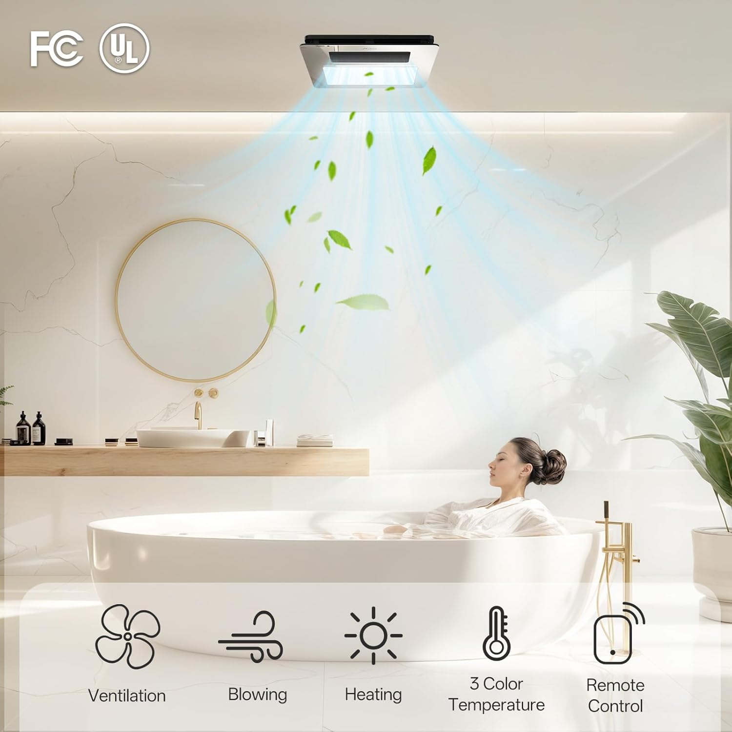 4-in-1 Bathroom Exhaust Fan with Light and Heater, Mirror Black Exhaust Fan, 3CCT Lighting, Strong and Weak Heating, Quiet & Powerful for Ventilation, Remote Control