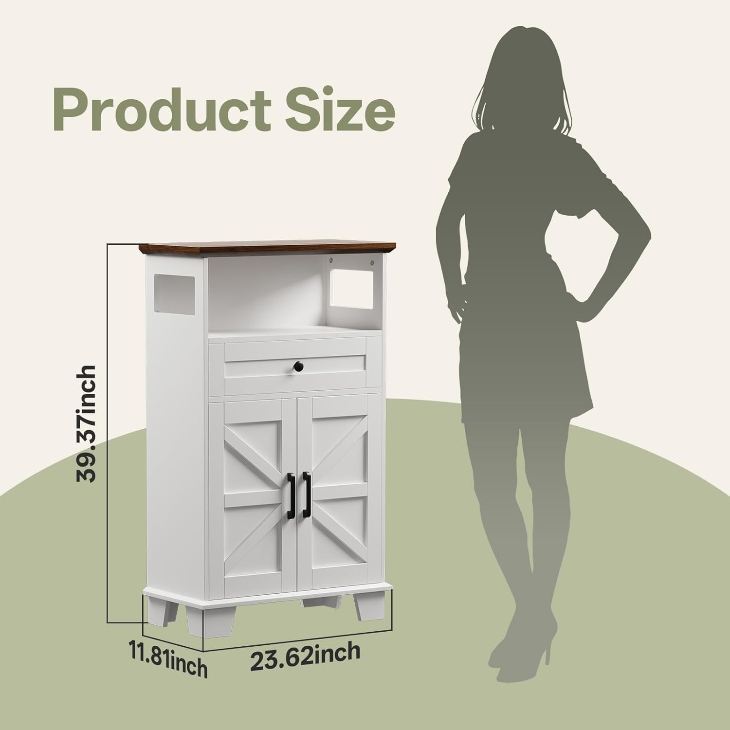 Hawkrown Farmhouse Bathroom Storage Cabinet with Drawer & Adjustable Shelves, White 23.6" Wide Freestanding Floor Cabinet, Barn Door, Sturdy Wood, for Kitchen, Entryway (23.6 * 11.8 * 39.3" (Floor))