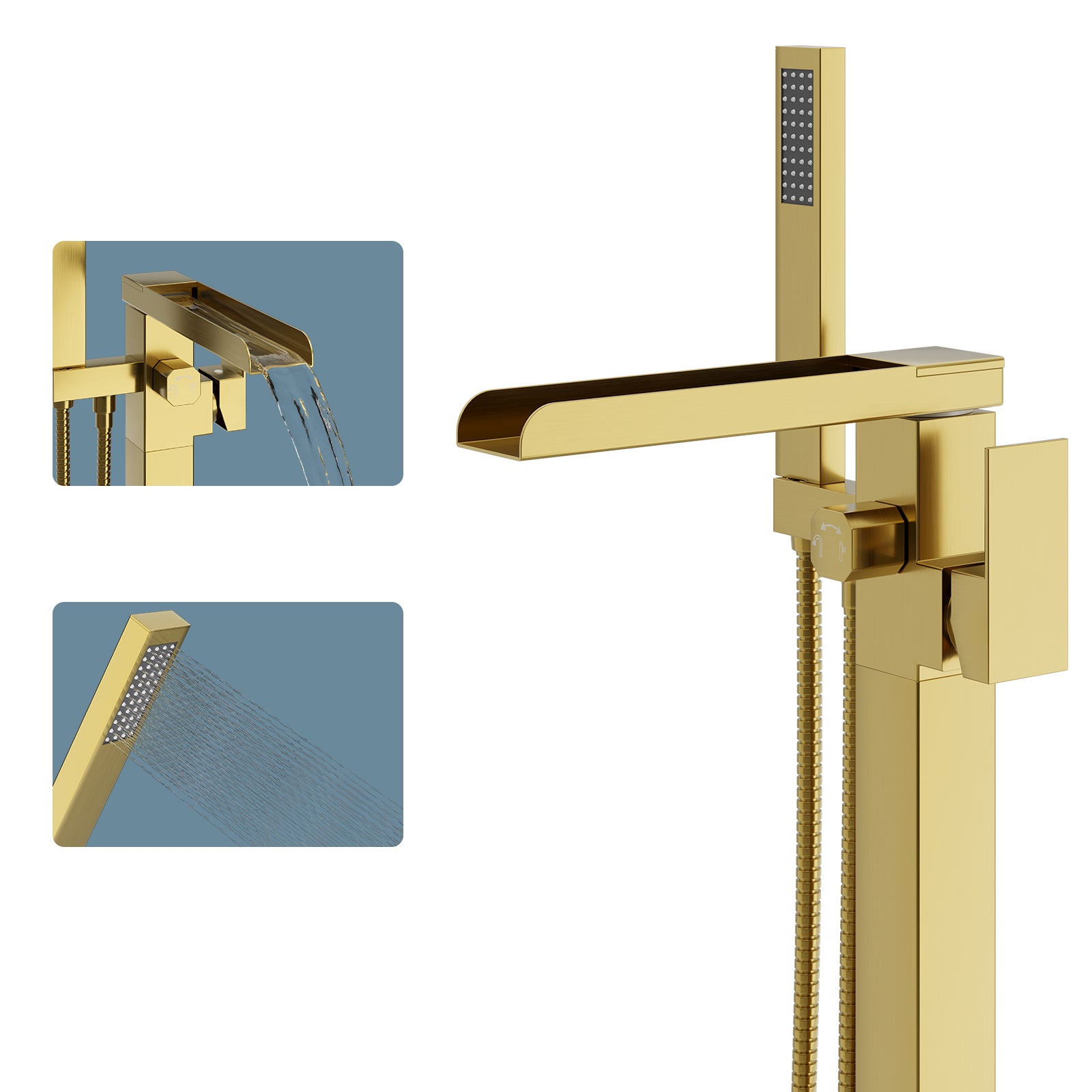 Freestanding Bathtub Faucet, Floor Mount Bathtub Faucet with 2 Water Outlet Modes, Swivel Gooseneck Spout with Hand Shower,Single Handle, Max Flow Rate 7.4 GPM (Waterfall-Bright Gold)