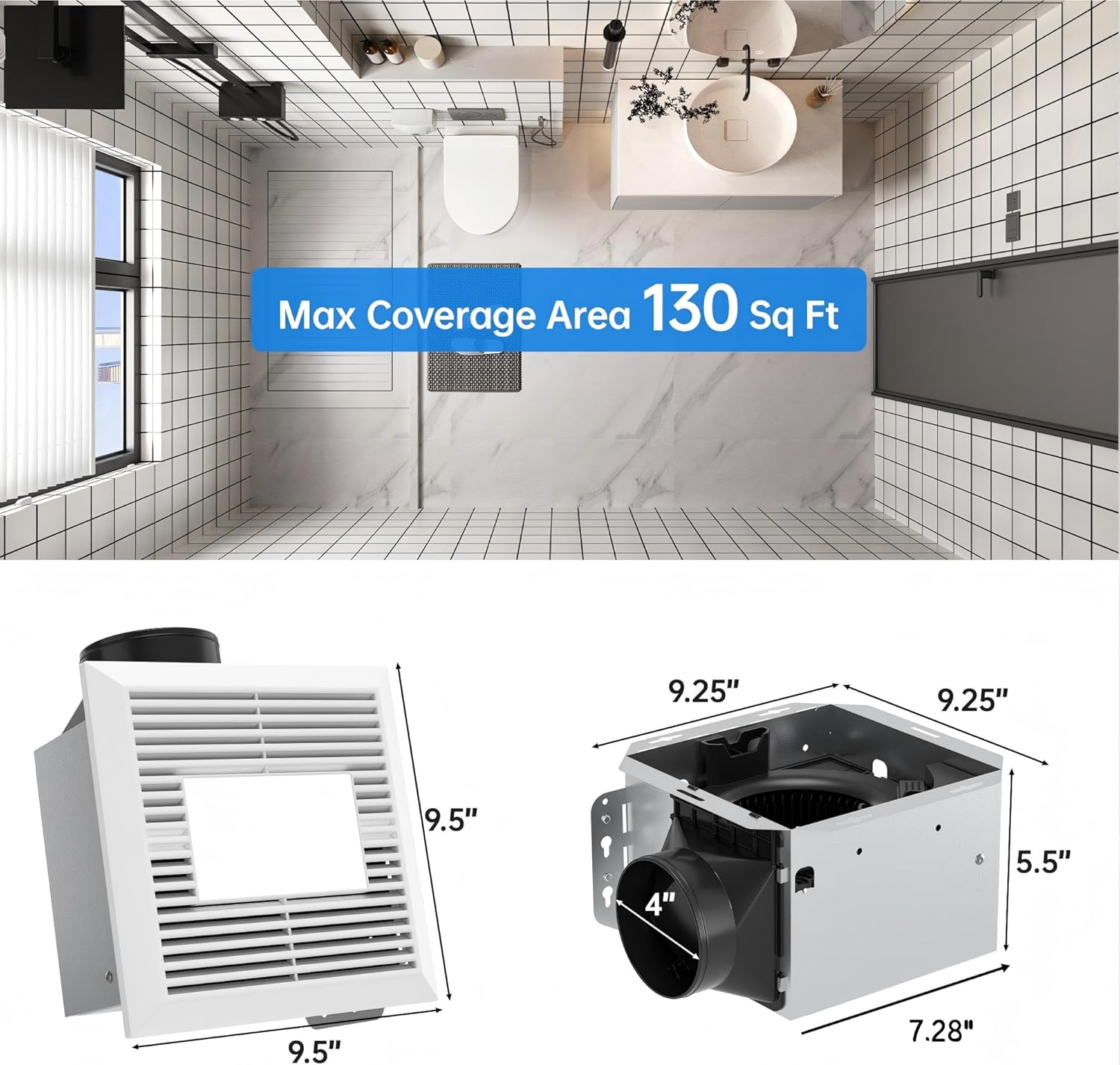 Hawkrown Bathroom Exhaust Fan with Light, 110 CFM, 1.0 Sone Quiet Ceiling Vent Fan, 2700K/4000K/5000K LED Light, Ceiling Opening 9.25" x 7.68", Durable Metal Housing, Wall Control