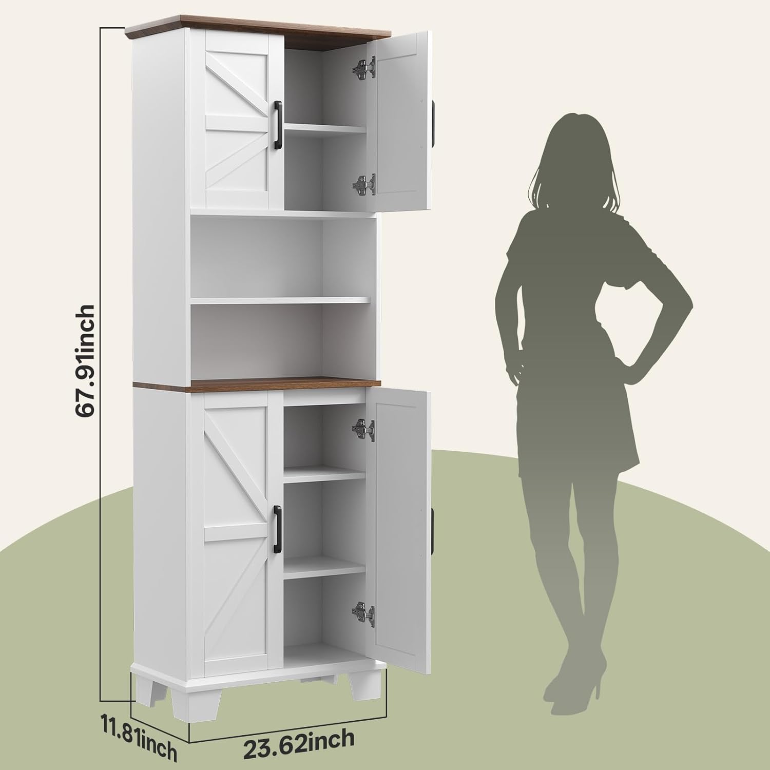 Hawkrown Farmhouse Bathroom Storage Cabinet, 67.9" Tall Freestanding Cabinet with 7 Adjustable Shelves & Barn Doors, Multipurpose Pantry Cupboard for Kitchen, Bathroom, Living Room, Dining Room
