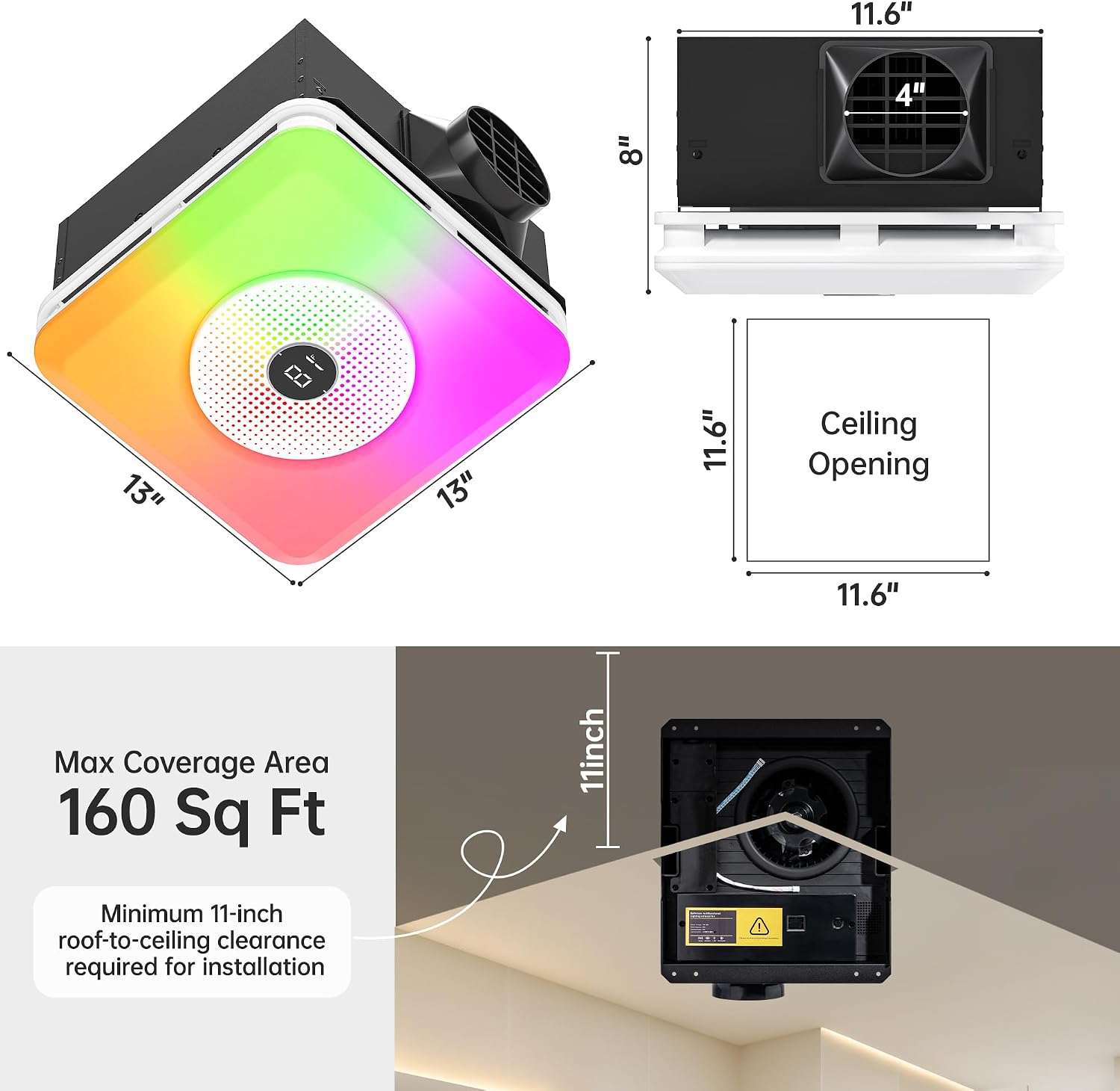 Hawkrown Bathroom Exhaust Fan with Bluetooth Speaker, 160 CFM 1.0 Sone Bathroom Exhaust Fan with Light, 3 Dynamic Light, 7 LED Color, 3 Color Temperatures, Nightlight,Remote, Easy Install