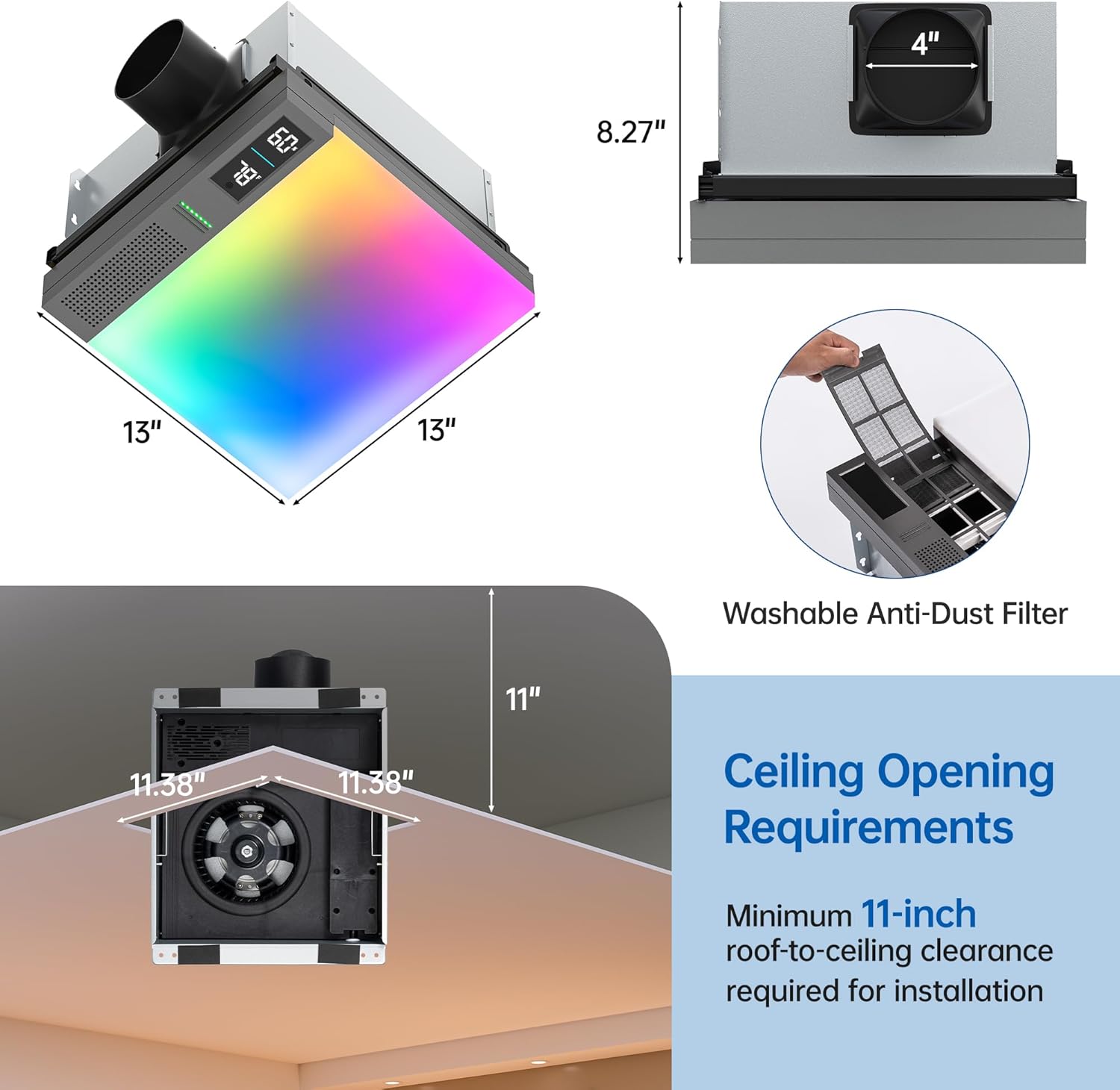 Sliding Exhaust Fan with Bluetooth Speaker, 230 CFM, Humidity & Odor Sensor, 3-Color Temp & RGB Lights, App/Voice/Remote Control, Easy-Clean Dust Filter (Grey)