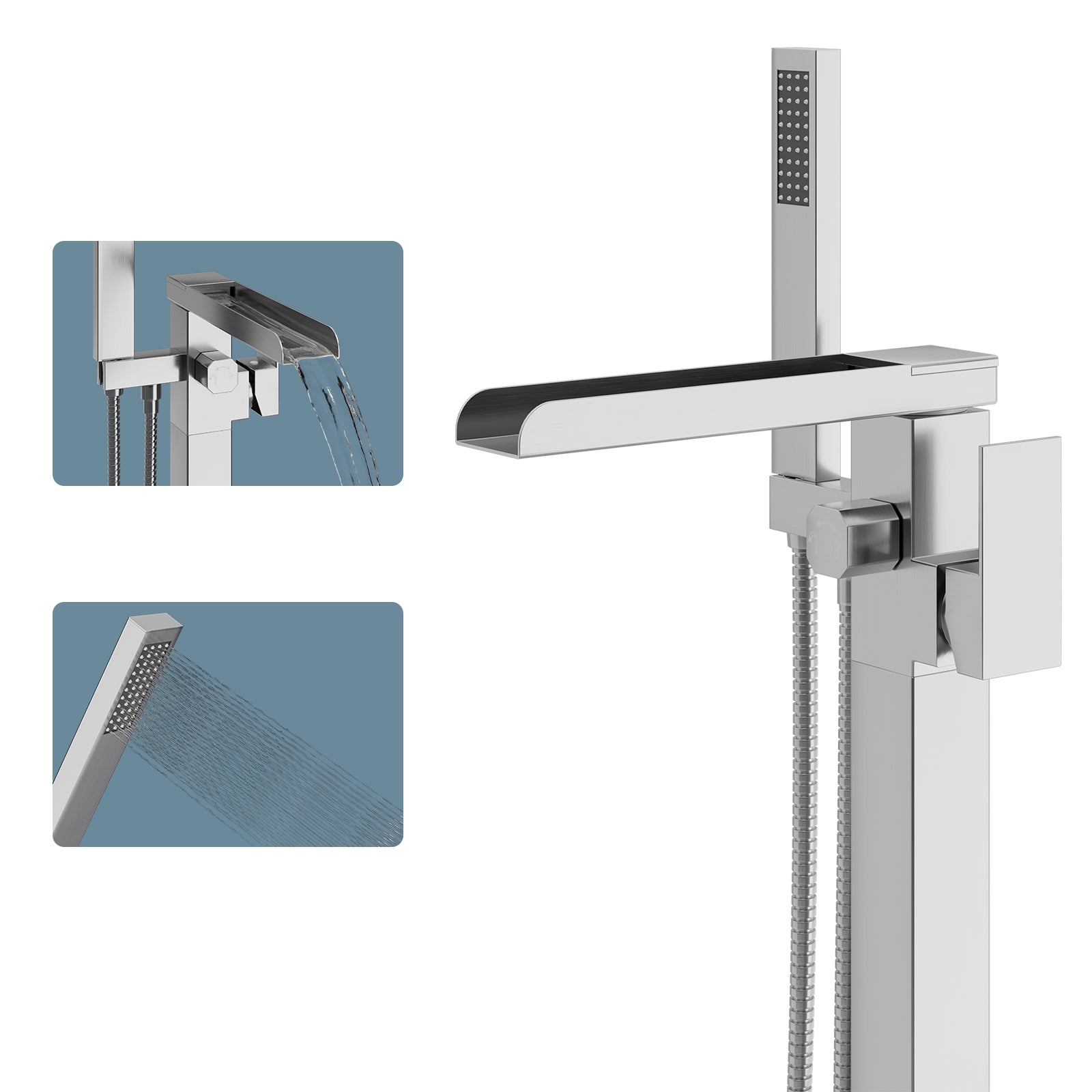 Freestanding Bathtub Faucet, Floor Mount Bathtub Faucet with 2 Water Outlet Modes, Swivel Gooseneck Spout with Hand Shower,Single Handle, Max Flow Rate 7.4 GPM (Waterfall-Brushed Nickel)