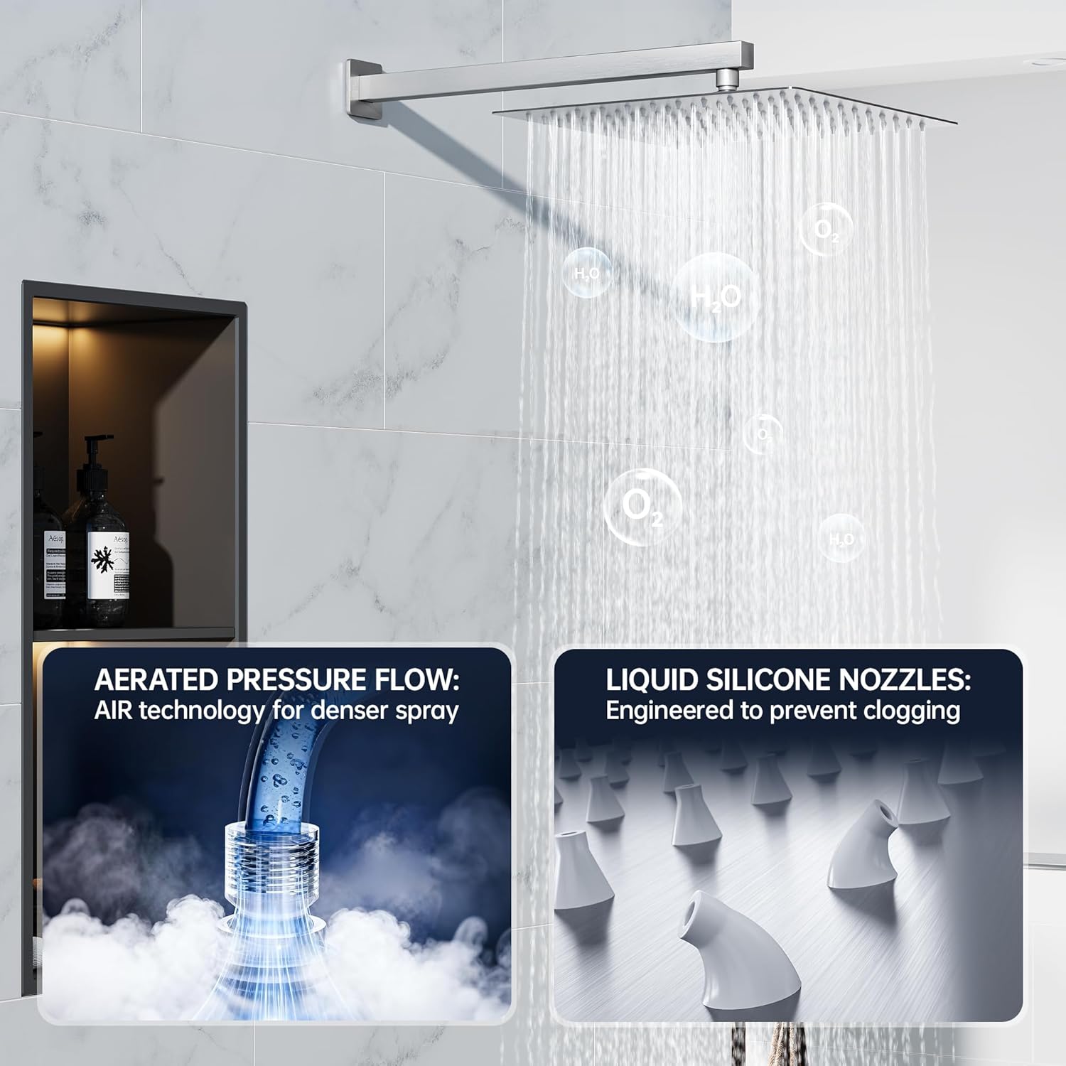 16 Inch Luxury Rain Shower Faucet Set, Brushed Nickel Shower System with Rainfall Shower Head and Handheld Spray, SUS304 Stainless Steel and Solid Brass Wall Mounted Shower Valve Trim Kit